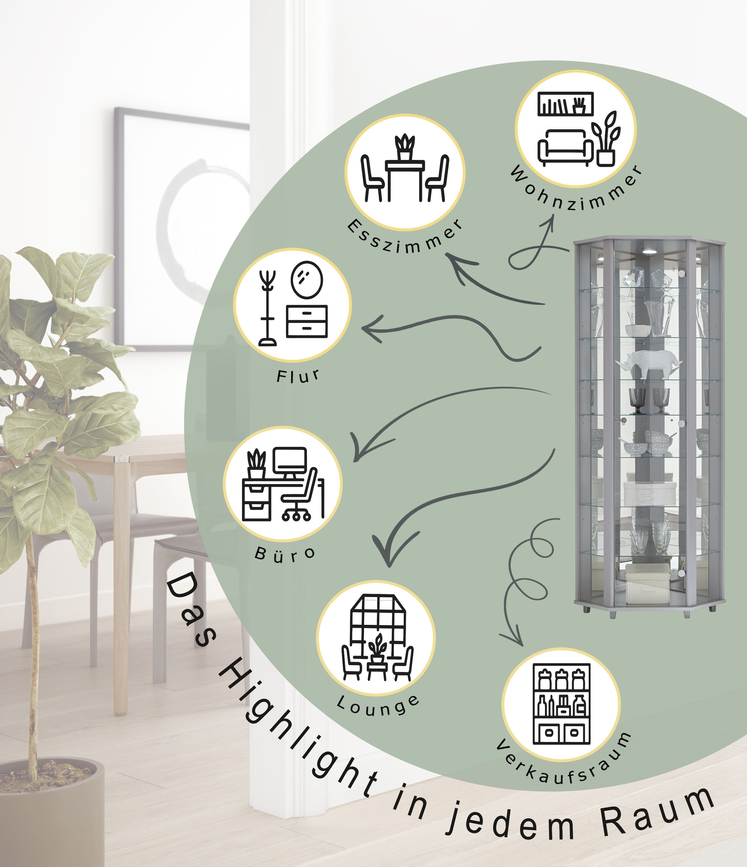 fif möbel Eckvitrine »TRIO Höhe ca. 172 cm, ink. Beleuchtung« Eckvitrine/Glasvitrine 1x Glastür, perfekt für Sammler, Sammlervitrine