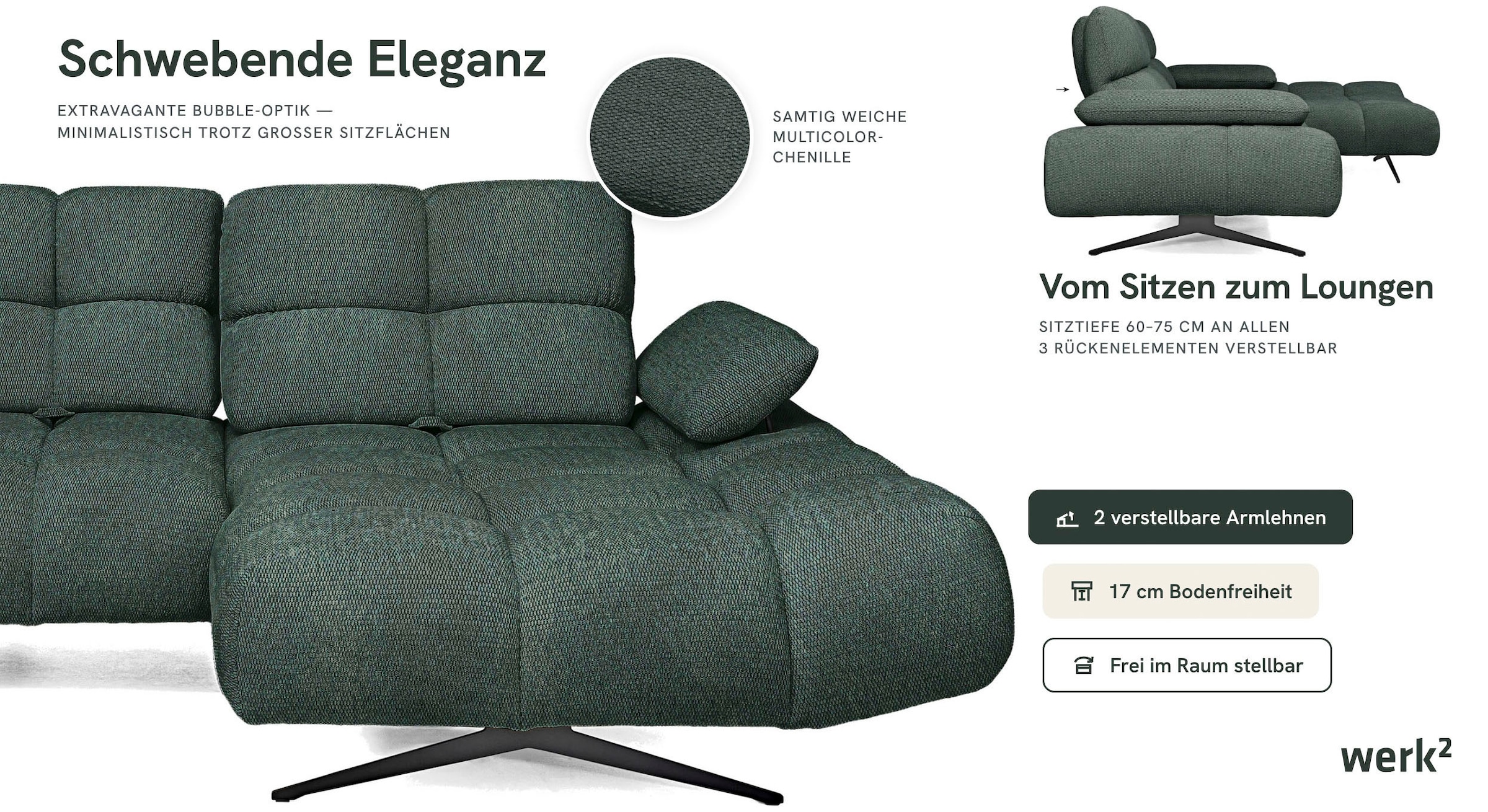 WERK2 Ecksofa »Prado-S Designer Sofa in L-Form mit Bubble-Optik, 285 cm breit« Sitztiefenverstellung an allen 3 Rückenelementen & Schwebe-Optik