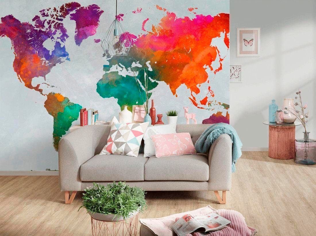 living walls Fototapete »Weltkarte aquarell Vlies«, Weltkarte Fototapete Bunt weiß Tapete 3,50 m x 2,55 m Tapete