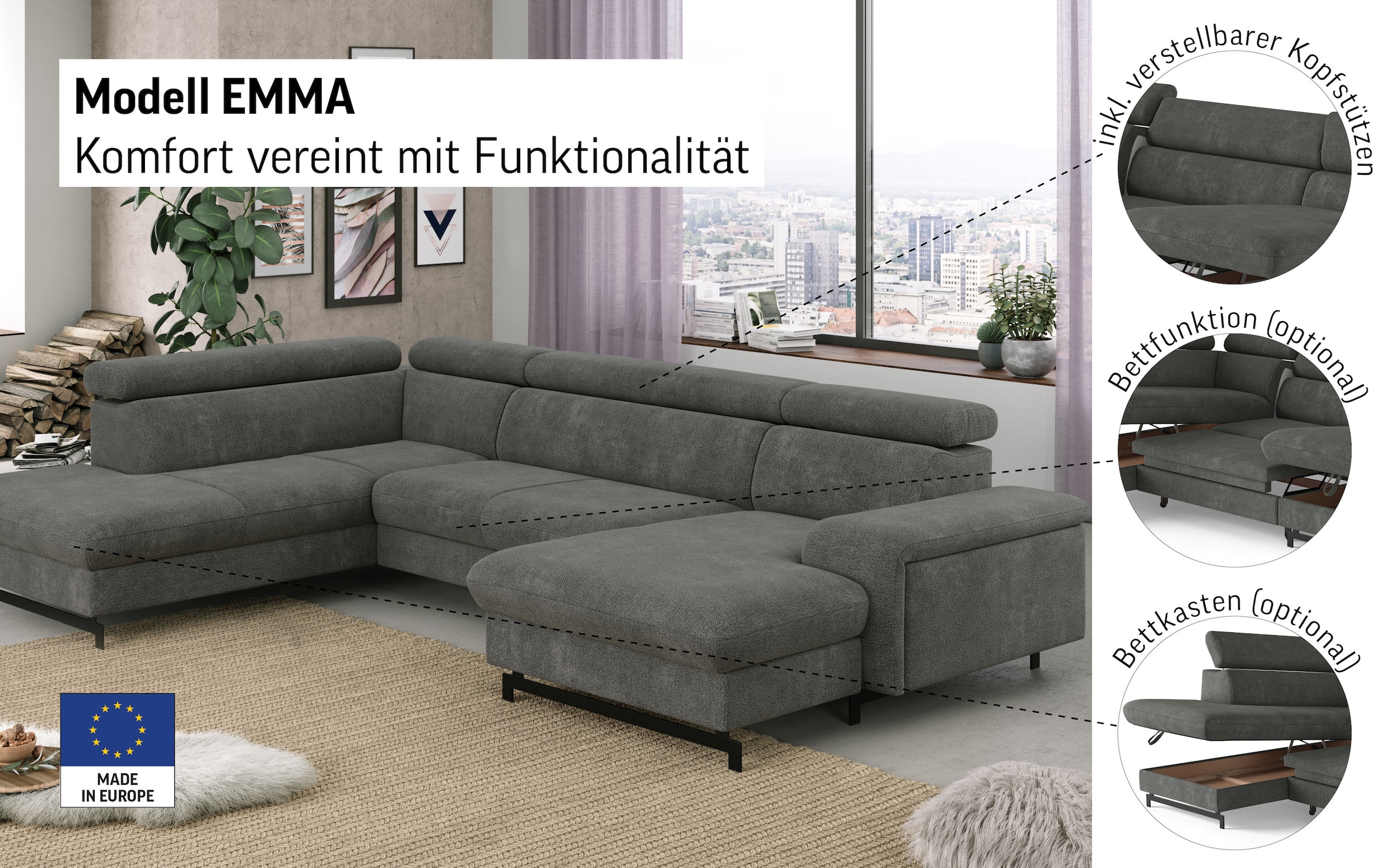 COTTA Wohnlandschaft »Emma U-Form«, mit Kopfteilverstellung, wahlweise mit Bettfunktion & Bettkasten