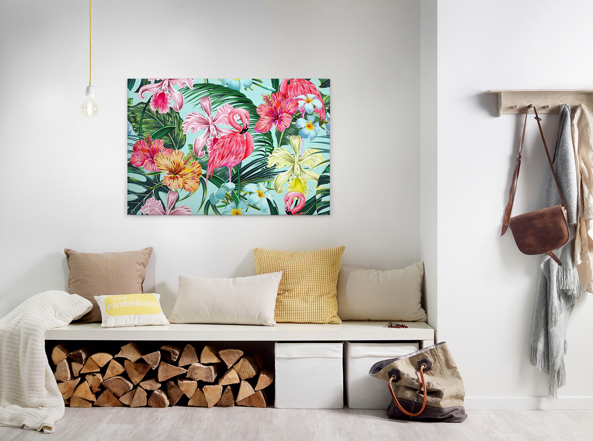 Bricoflor Leinwandbild Mit Flamingo Und Hibiskus Hawaii Blumen Bild Mit Pal günstig online kaufen