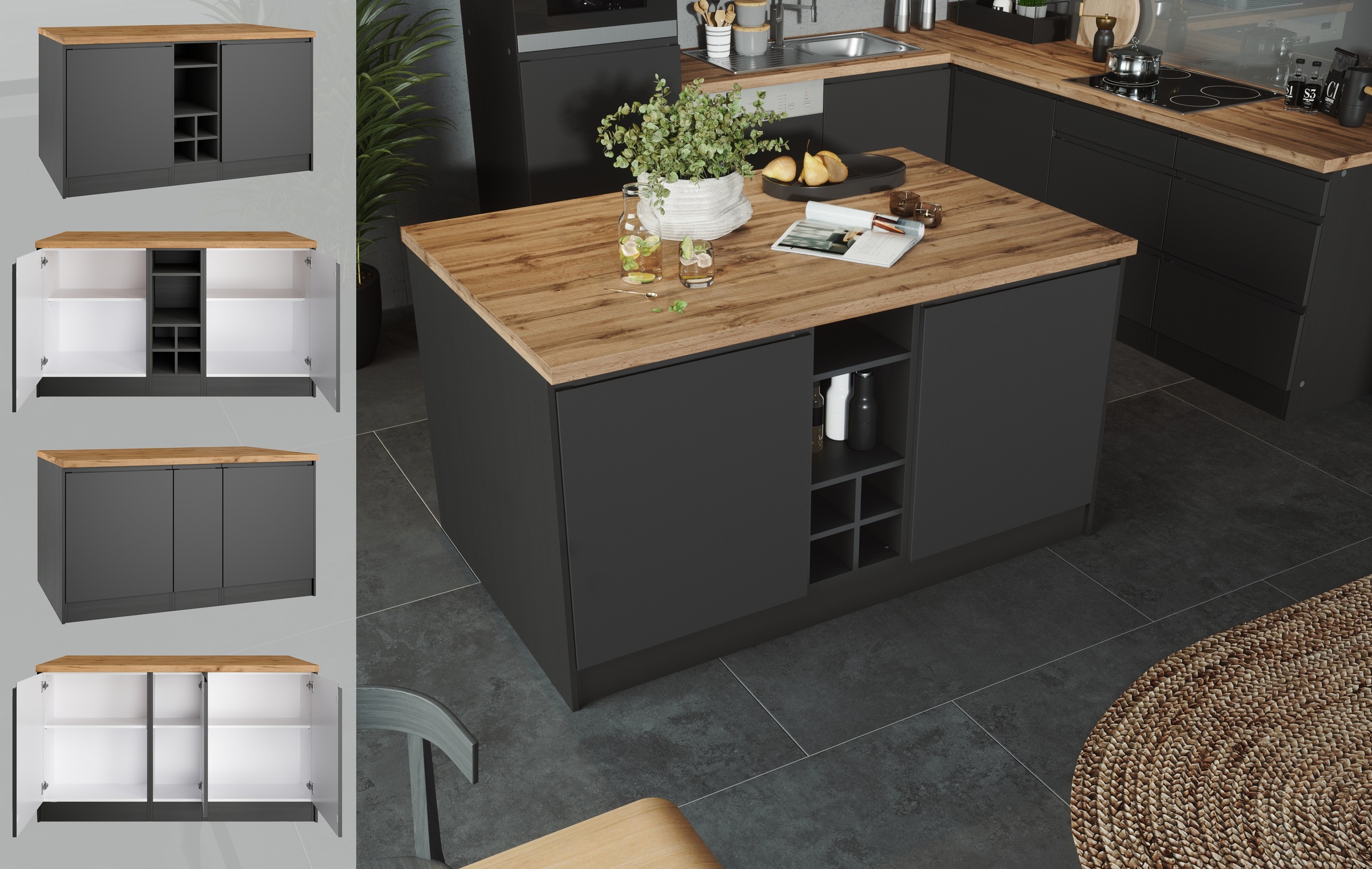 KOCHSTATION Kücheninsel »KS-Bruneck, Breite 153 cm«, MDF-Fronten, Arbeitsplatte 38mm stark