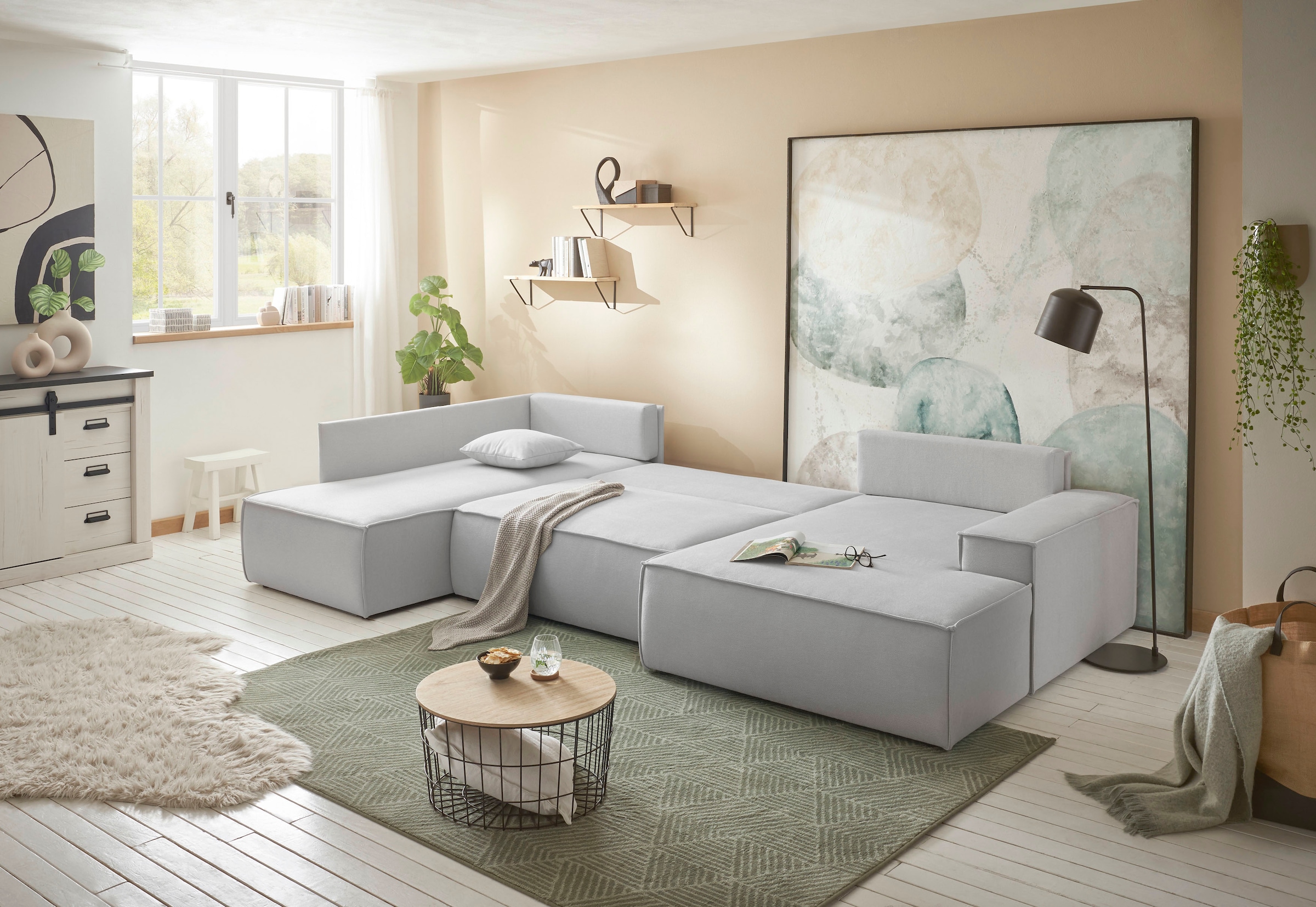 andas Wohnlandschaft »FINNLEY U-Form XXL 329 cm, Schlafsofa, Schlaffunktion m. Bettkasten«, (194/139 cm), Bouclé, Struktur und Cord