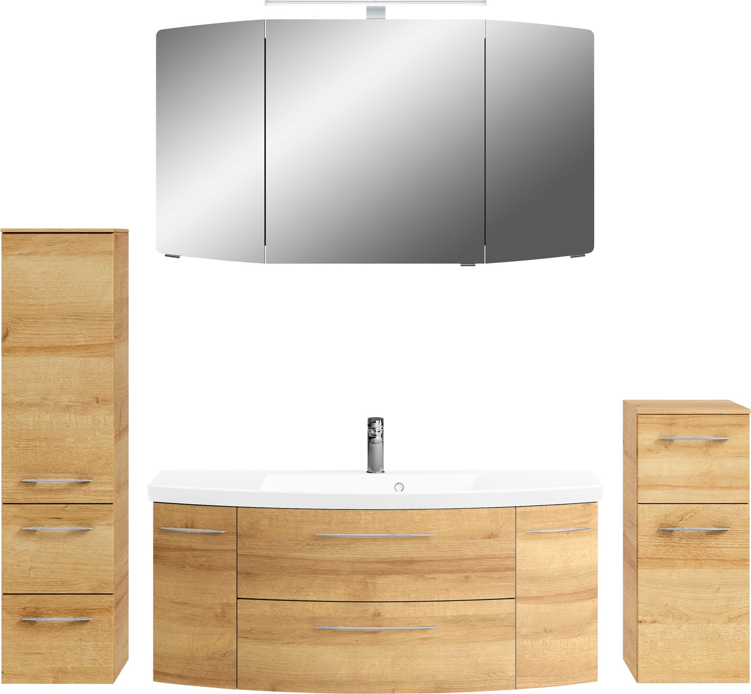 Saphir Badmöbel-Set »Cassca Sprint 4-teilig Mineralmarmor-Waschtisch mit LED-Spiegelschrank«, (5 St.), Midischrank, Unterschrank, inkl. Türdämpfer, 7 Türen, 5 Schubladen