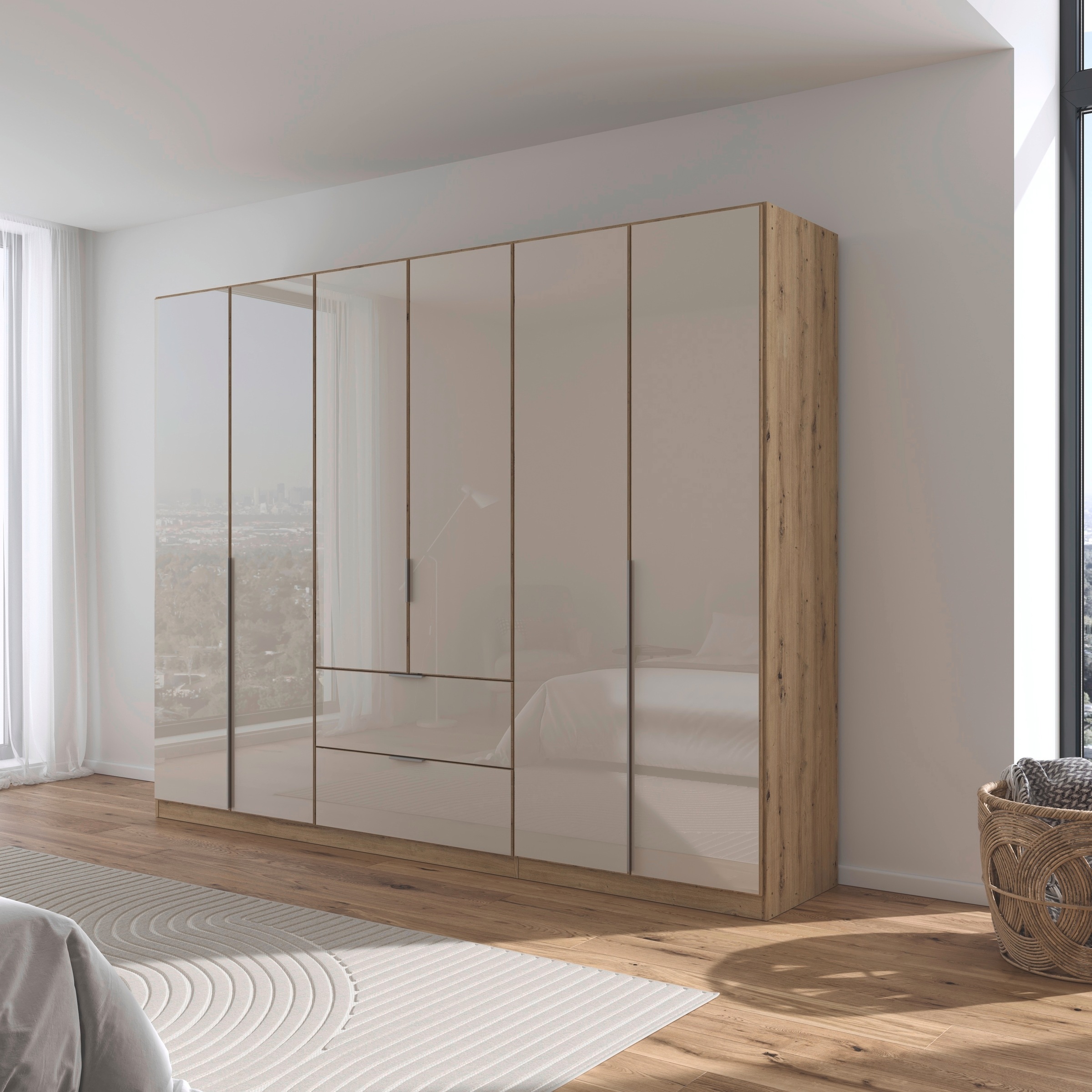 rauch Drehtürenschrank »Kleiderschrank Kleiderschränke Schrank Garderobe AGORDO mit Glasfront«, (in zwei Griff-Farben mit Glasfront), mit Außenschubkästen, in 6 Breiten und 2 Höhen MADE IN GERMANY