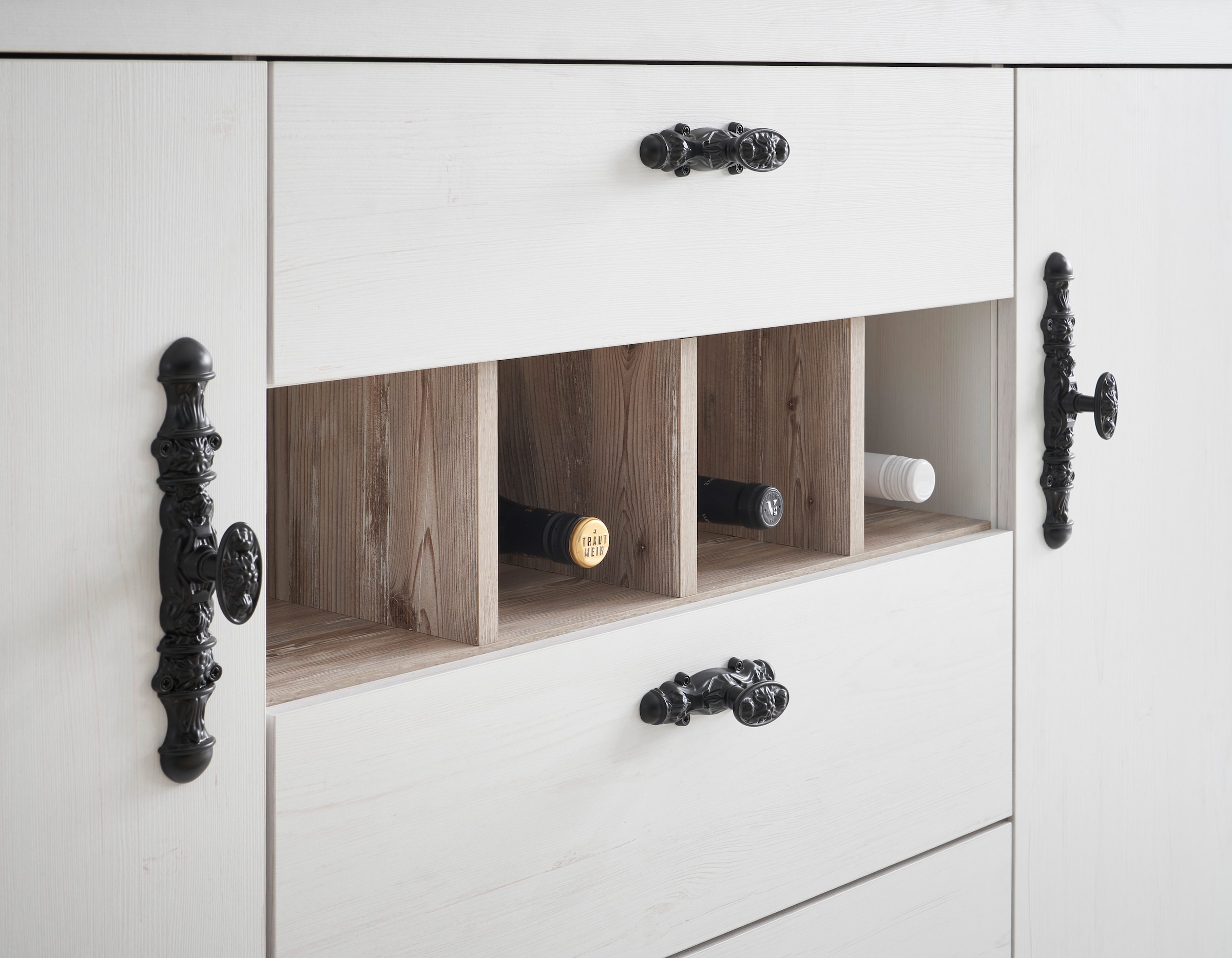 Home affaire Küchenzeile »Florenz, Küche in Pinie Weiß, mit Herdumbau, ohne E-Geräte«, (Set), Breite 264 cm, mit verschnörkelten Metallgriffen, Arbeitshöhe 92 cm