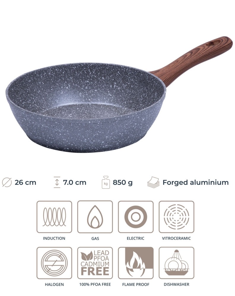 RESTO Kitchenware Bratpfanne »Aquila, tiefe Schmorpfanne langlebig und spülmaschinenfest«, Aluminium, (1 tlg.), mit ergonomischem weichem Griff in Holzoptik