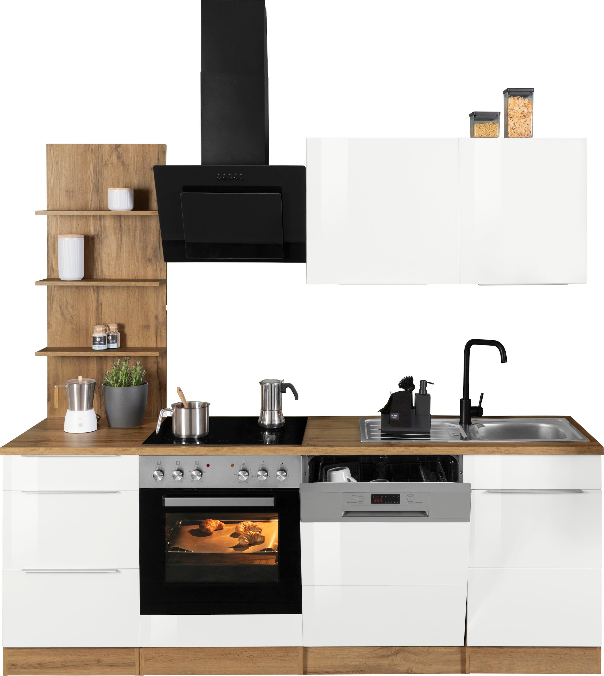 KOCHSTATION Küchenzeile »KS-Brindisi«, Breite 220 cm, wahlweise mit E-Geräten, mit MDF-Fronten und Regal