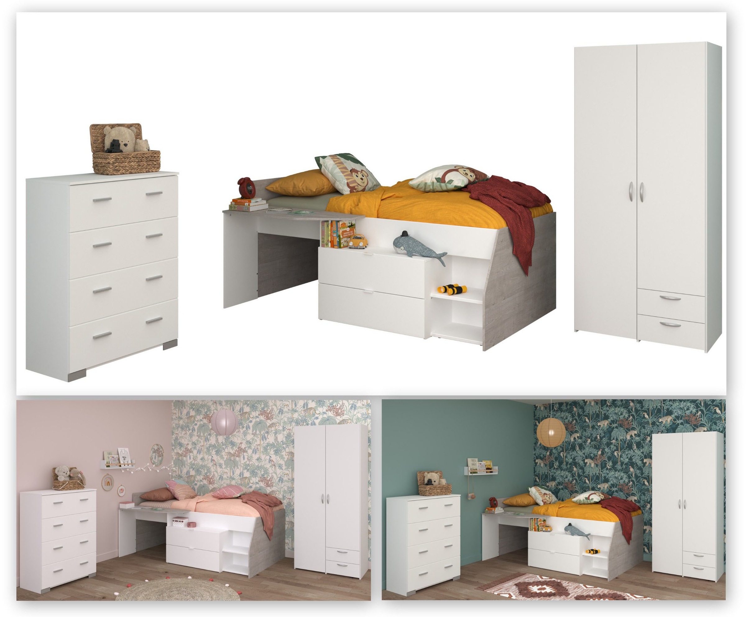 Parisot Jugendzimmer-Set »Parisot, Milky 12«, (3 tlg.), tolles halbhohes Hochbett, Kleiderschrank mit Mittelwand und Stauraum