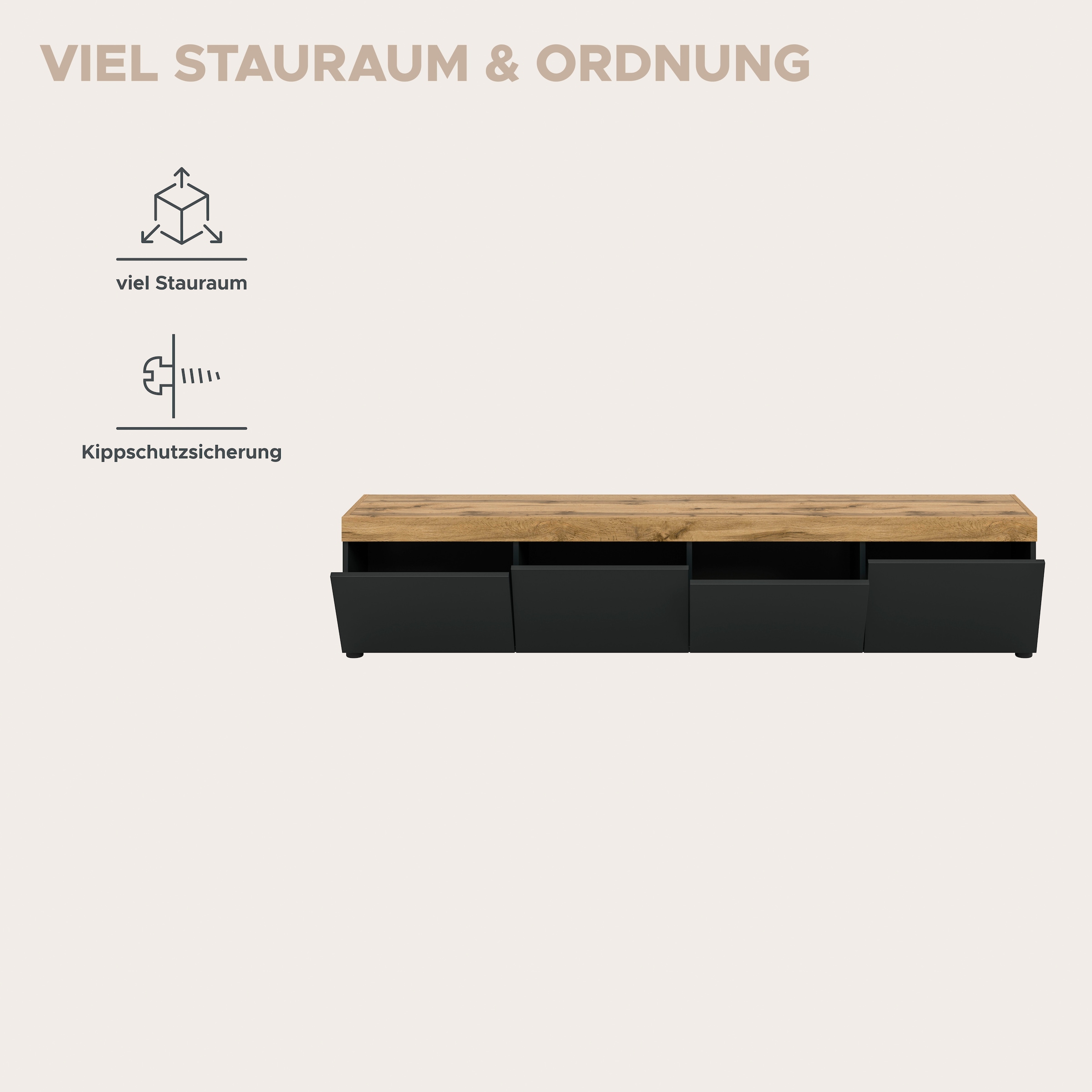 OTTO home Lowboard »MAMBO, Breite 200cm, 4 Klappen, stehend oder hängend« 2 farbige Ausführung, in verschiedenen Farben erhältlich, 1 Stk. tlg. Lowboard, TV Unterschrank, Tv-Schrank, Wohnzimmer