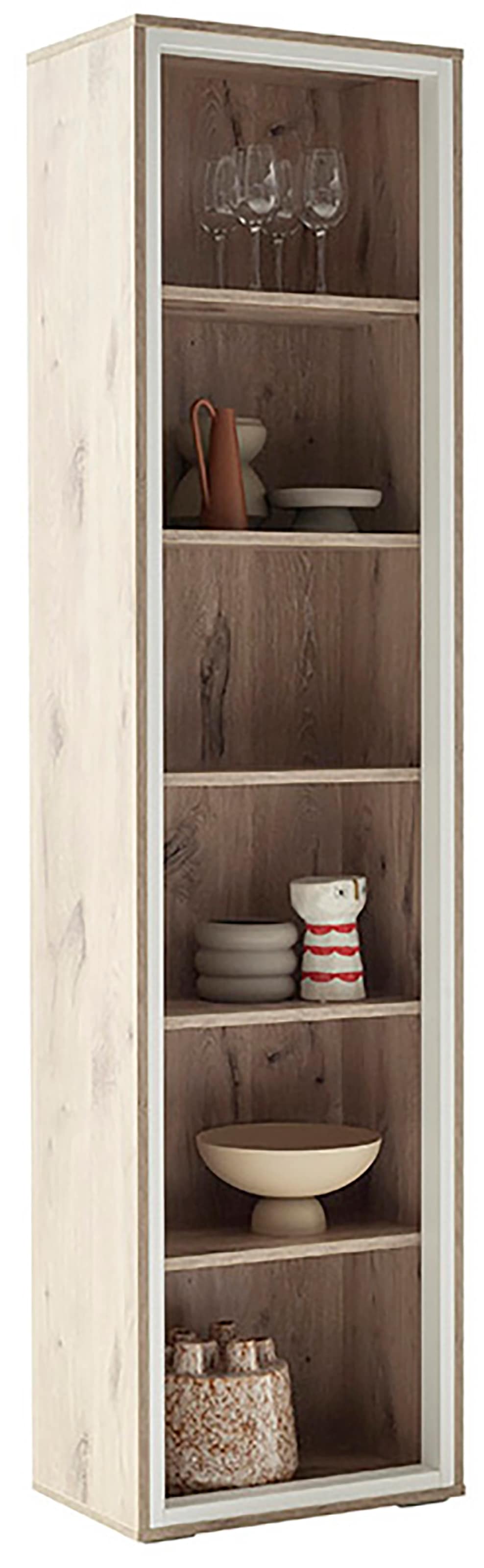 MCA furniture Vitrine »SANTERNO«, 6 Fächer, Regal, Korpus Beleuchtungsrahmen Soft White, Höhe 197 cm