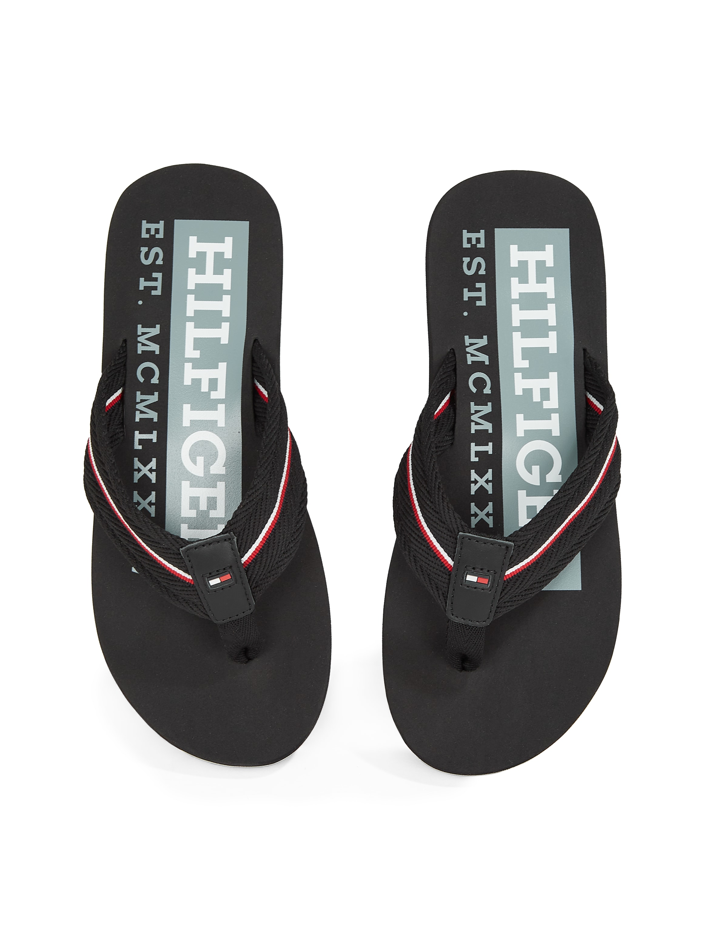Tommy Hilfiger Zehentrenner »CORPORATE HILFIGER BEACH SANDAL«, Dianette, Sommerschuh, Flats, Bequemschuh mit Streifen