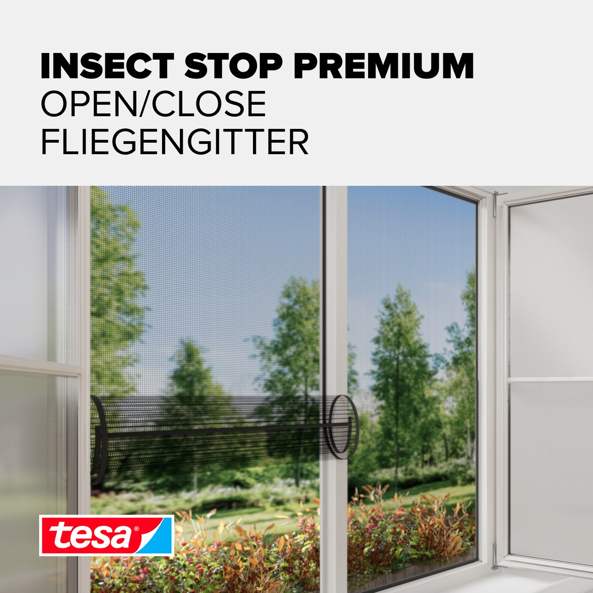 tesa Insektenschutz-Fensterrahmen »Insect Stop Comfort Fliegengitter für Fenster-  Insektenschutz Rollo« Packung, Fliegennetz, Klettband, Andrück und Schneidehilfe, 1 Stk. tlg. Insektenschutz für Fenster - selbstklebend - schwarz - 1,3 m : 1,5 m