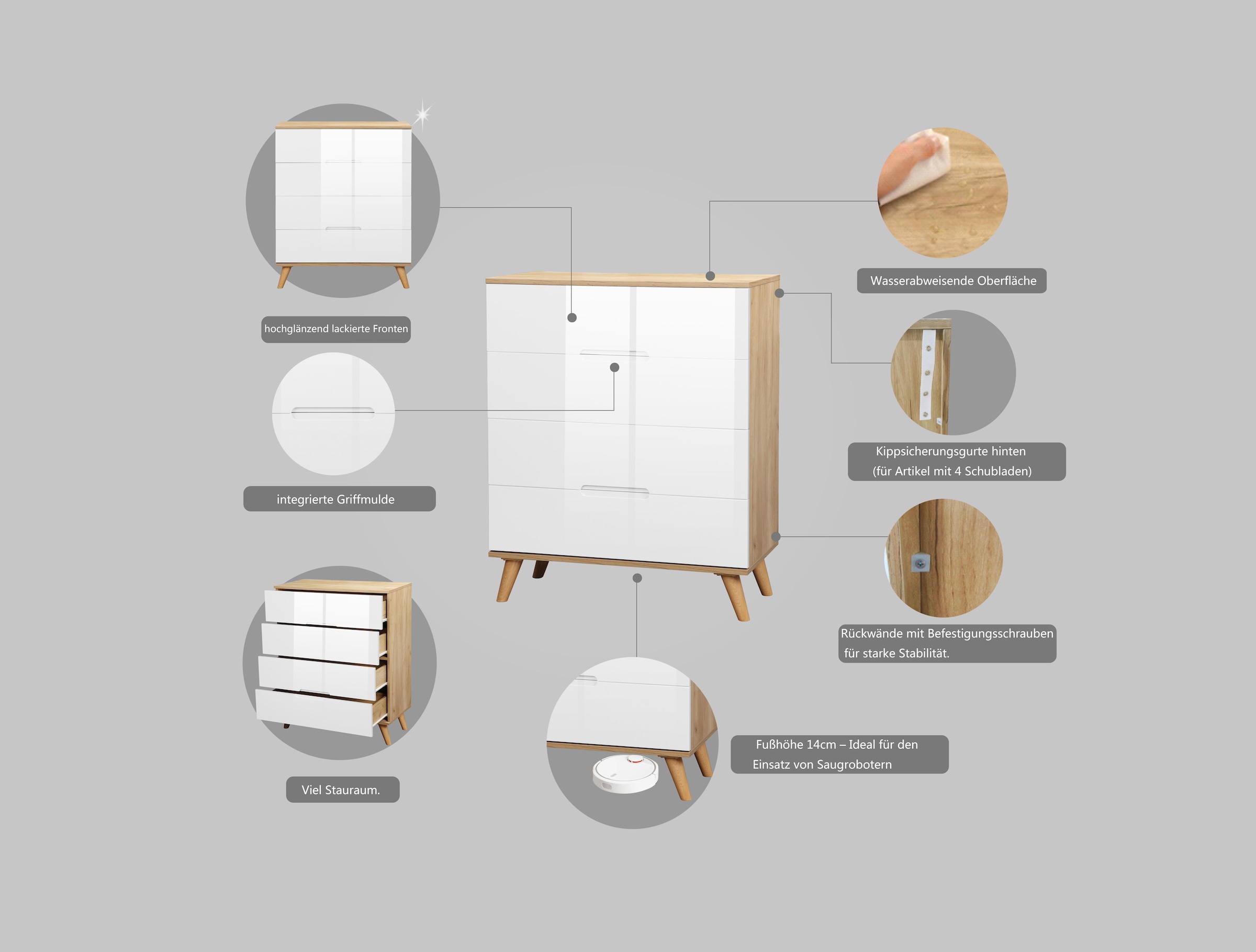 andas Schubkastenkommode »Lund Schlafzimmerschrank Wäscheschrank mit hochglänzenden Fronten«, (Kommode mit 4 Schubladen für viel Stauraum), Schlafzimmerkommode Bestseller im skandinavischem Design