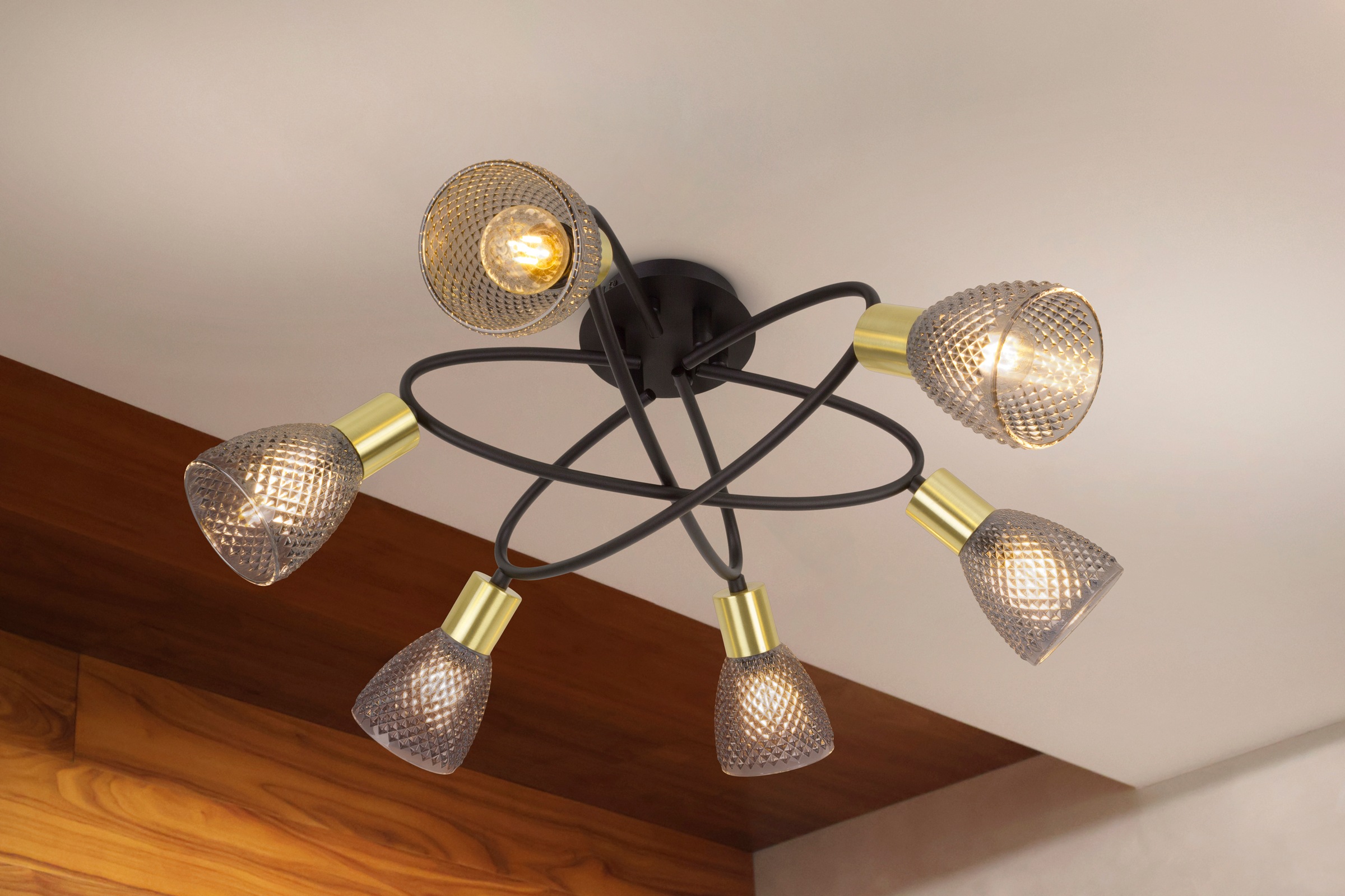 näve Deckenleuchte »Lindita« E14 1 Stk. 6er Spot, Relief-Glasschirm smokey, günstig online kaufen