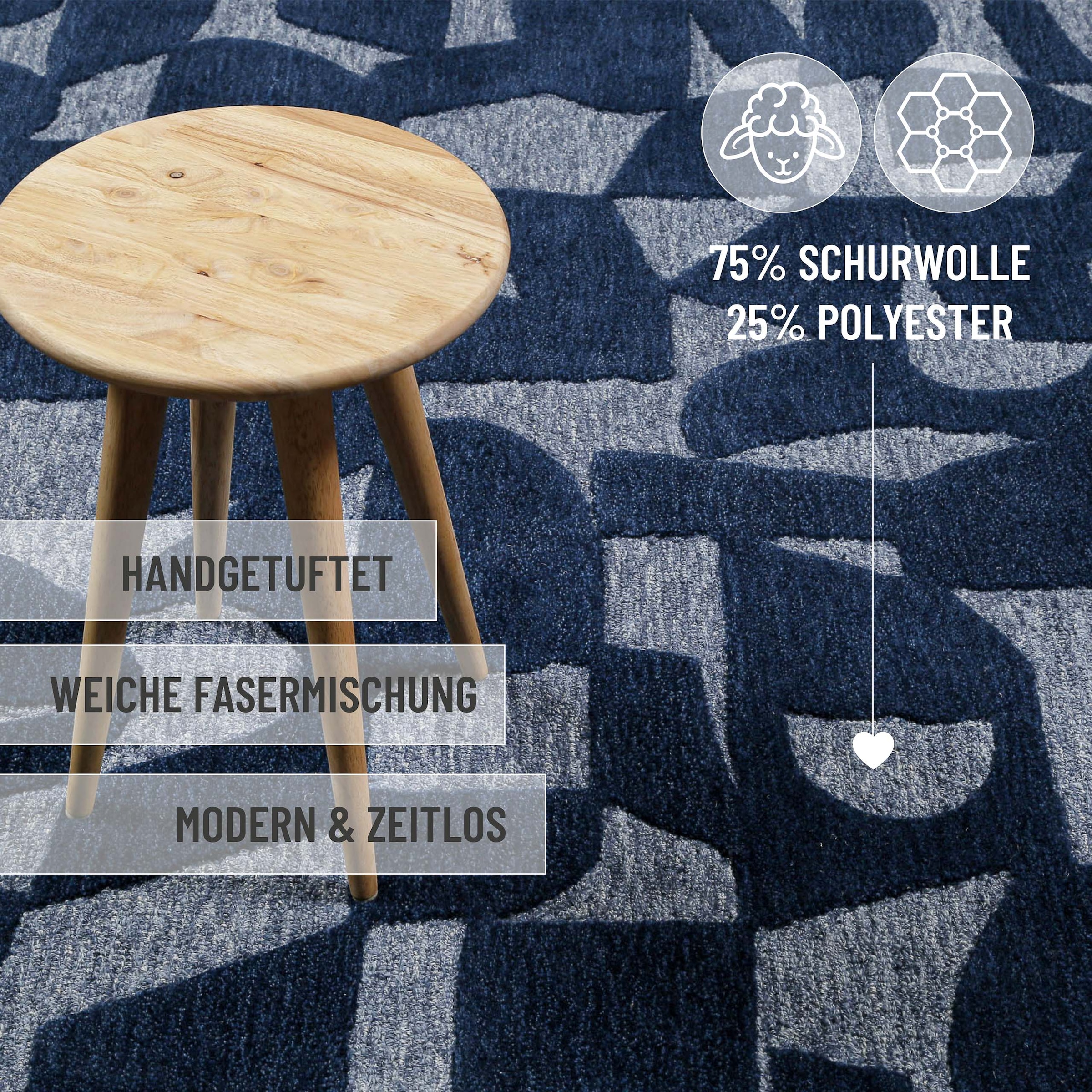 Wecon home Teppich »Ocean State«, rechteckig, 10 mm Höhe, handgefertigt, gemustert, pflegeleicht, Wolle, Wohnzimmer, Esszimmer