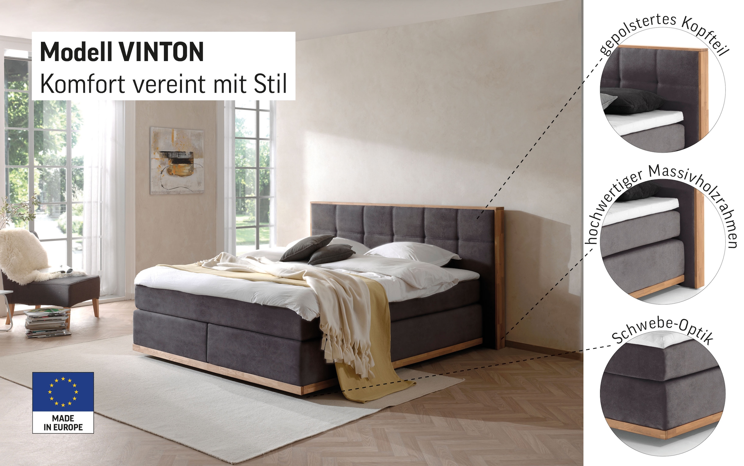 Places of Style Boxspringbett Vinton, aus massiver Eiche, verschiedene Härtegrade