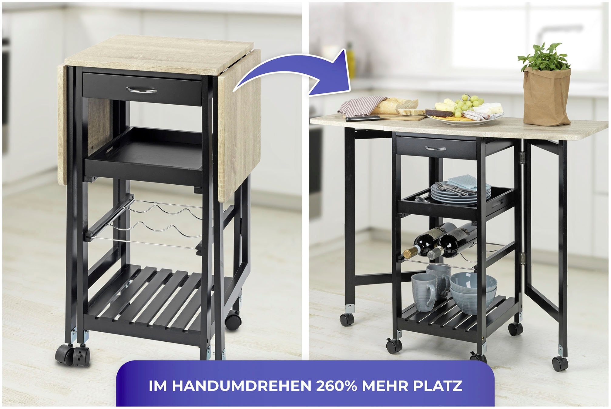 Maximex Küchenwagen, mit ausklappbaren Seitenteilen, rollbar