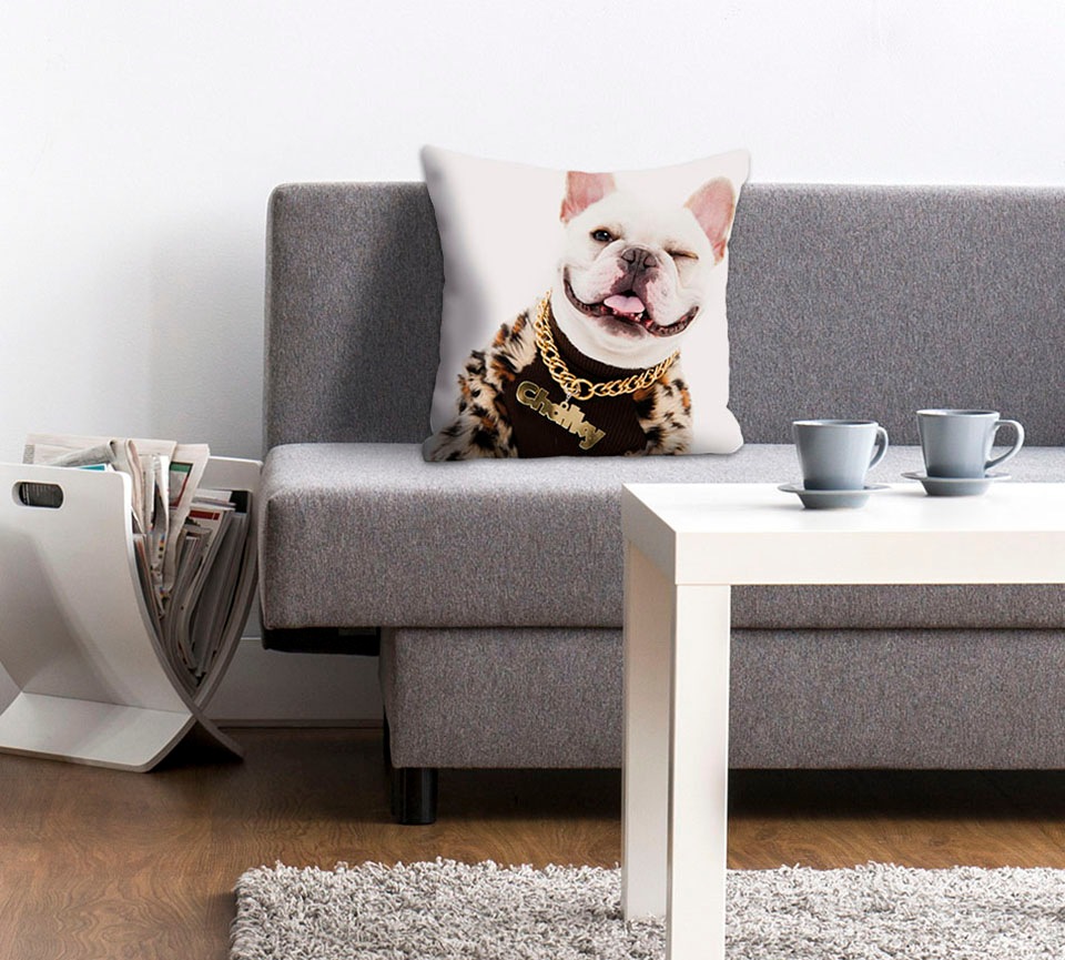 queence Dekokissen »Lars«, mit Hund im Rapperoutfit, Kissenhülle ohne Füllu günstig online kaufen