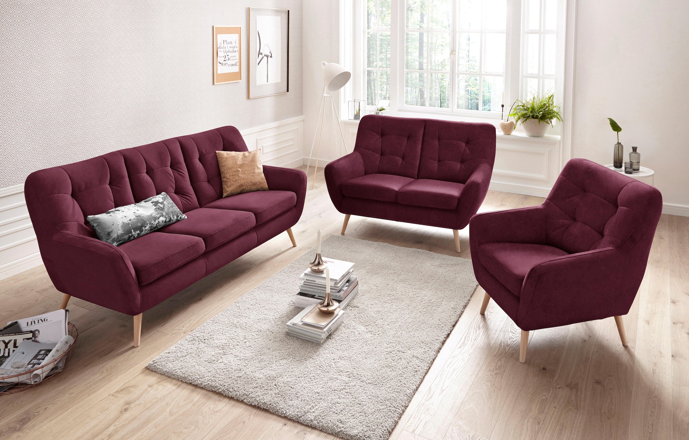 exxpo - sofa fashion 3-Sitzer »Scandi, bequem, aufwendige Rückenpolsterung für mehr Sitzkomfort«, aktuelle Farben in hochwertigen Bezugsqualitäten, Holzfuß