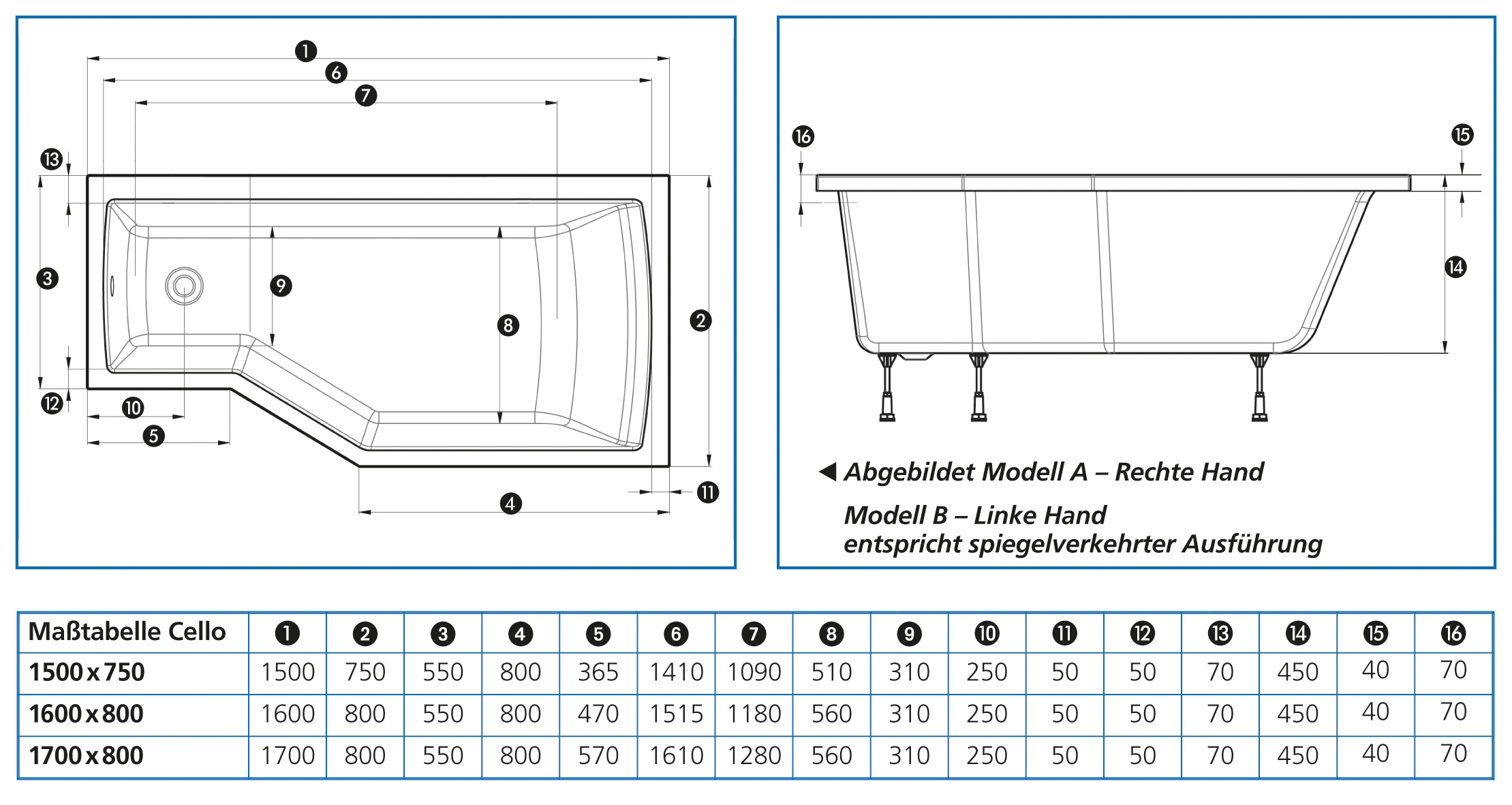 OTTOFOND Badewanne »Cello« Höhe 45 cm verstellbare Füße mit Fußgestell und Ablaufgarnitur
