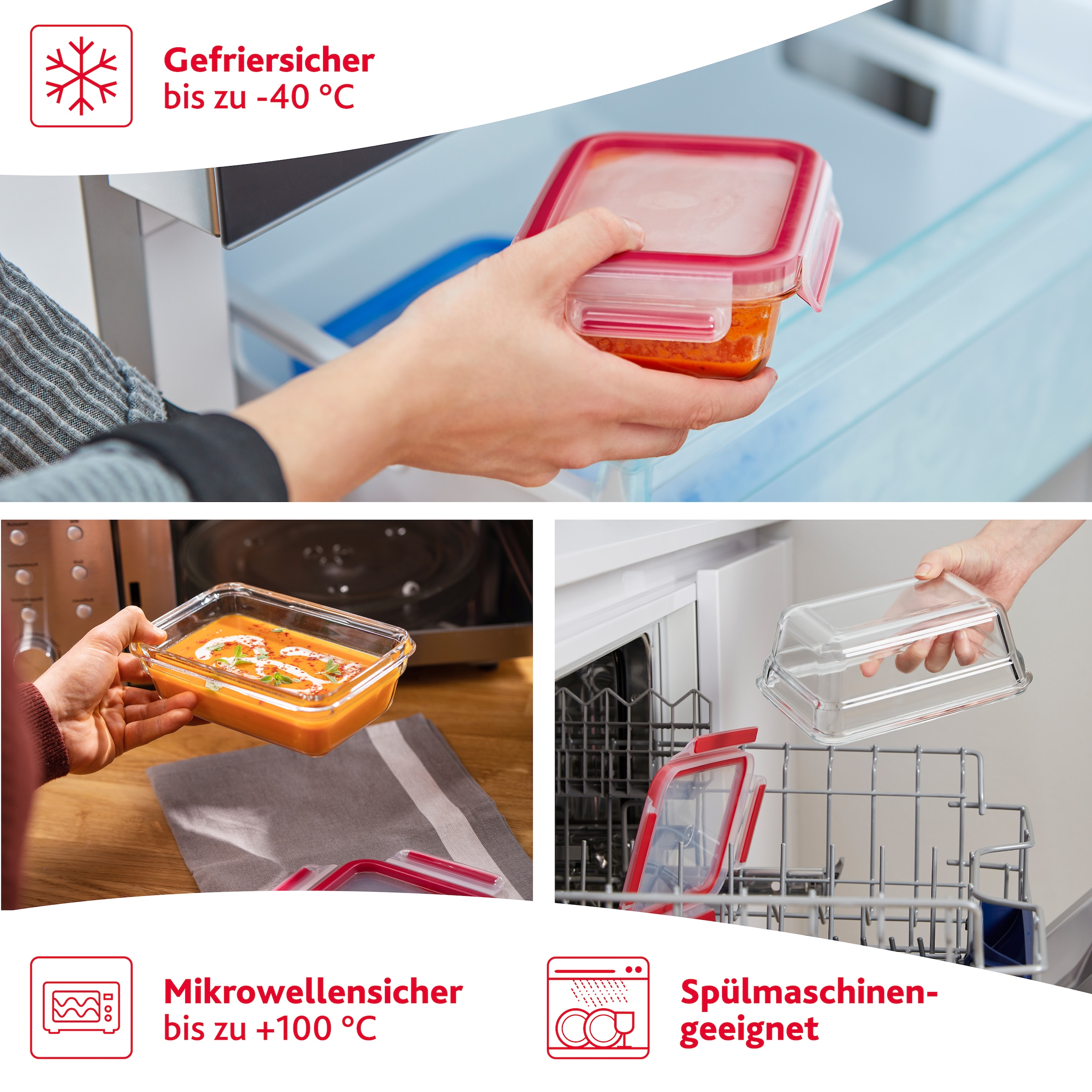 Emsa Aufbewahrungsschüssel »Clip & Close Glas«, (Set, 3 tlg.), 0,45 Liter, rechteckig, Stapelkante, backofenfest, dicht