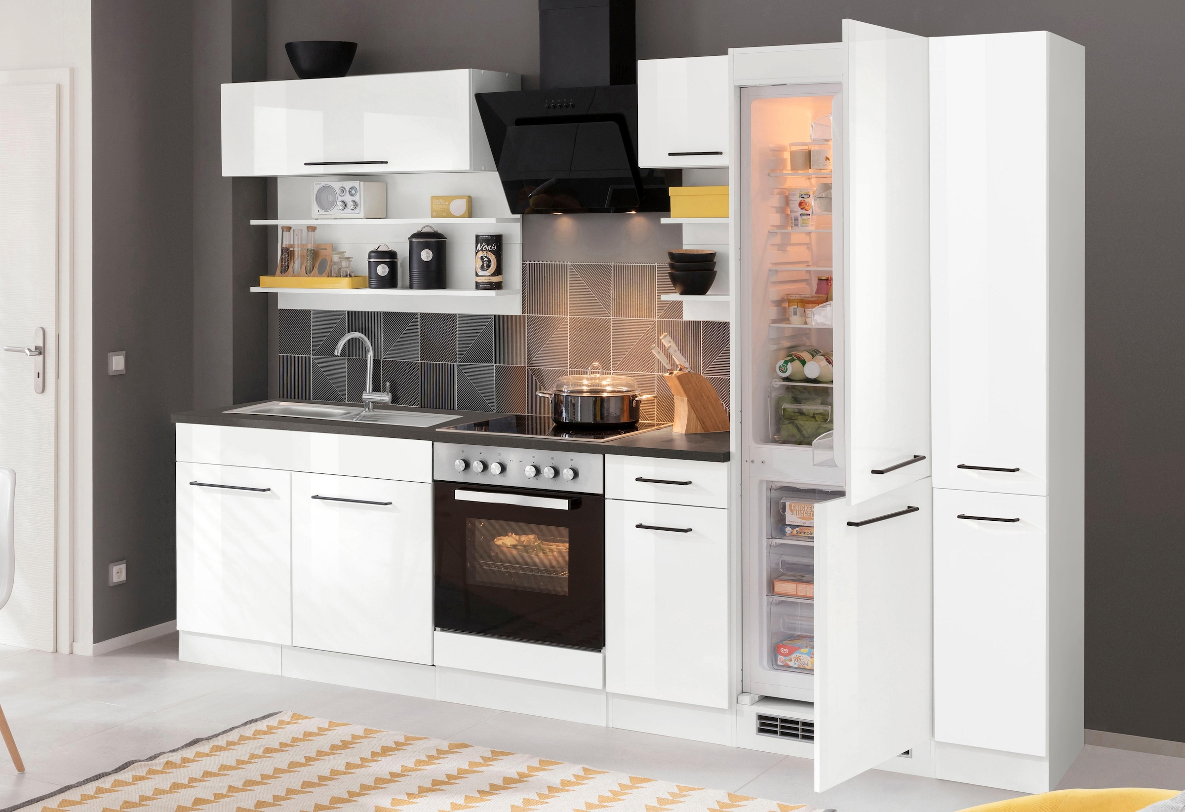 KOCHSTATION Küchenzeile »KS-Tulsa«, mit E-Geräten, Breite 300 cm, schwarze Metallgriffe, MDF Fronten