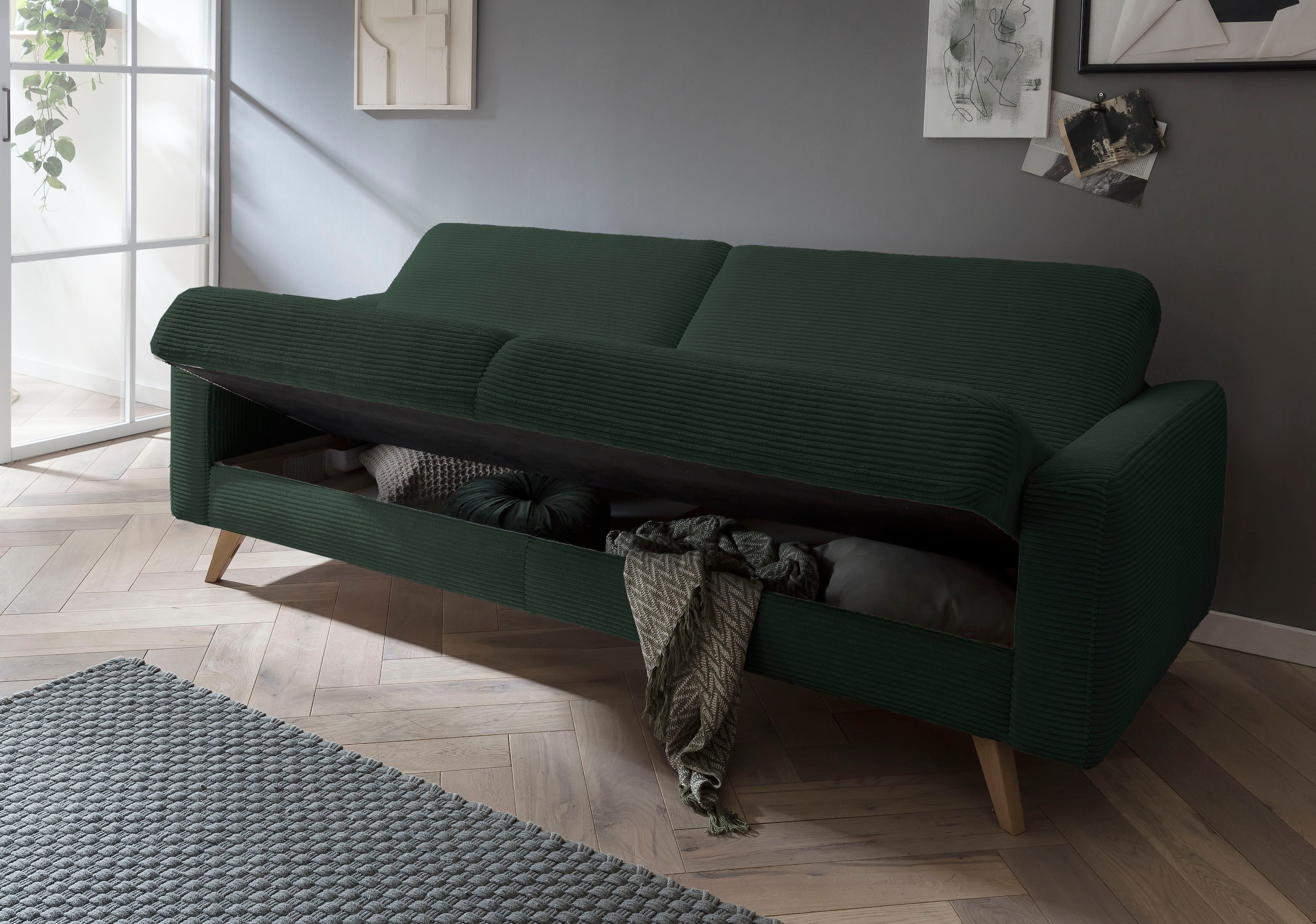 exxpo - sofa fashion 3-Sitzer »Samso, elegant und bequem, aktueller Cord Bezug, Kippcouch« hochwertige Verarbeitung, Schlafsofa inkl. Bettfunktion und Bettkasten