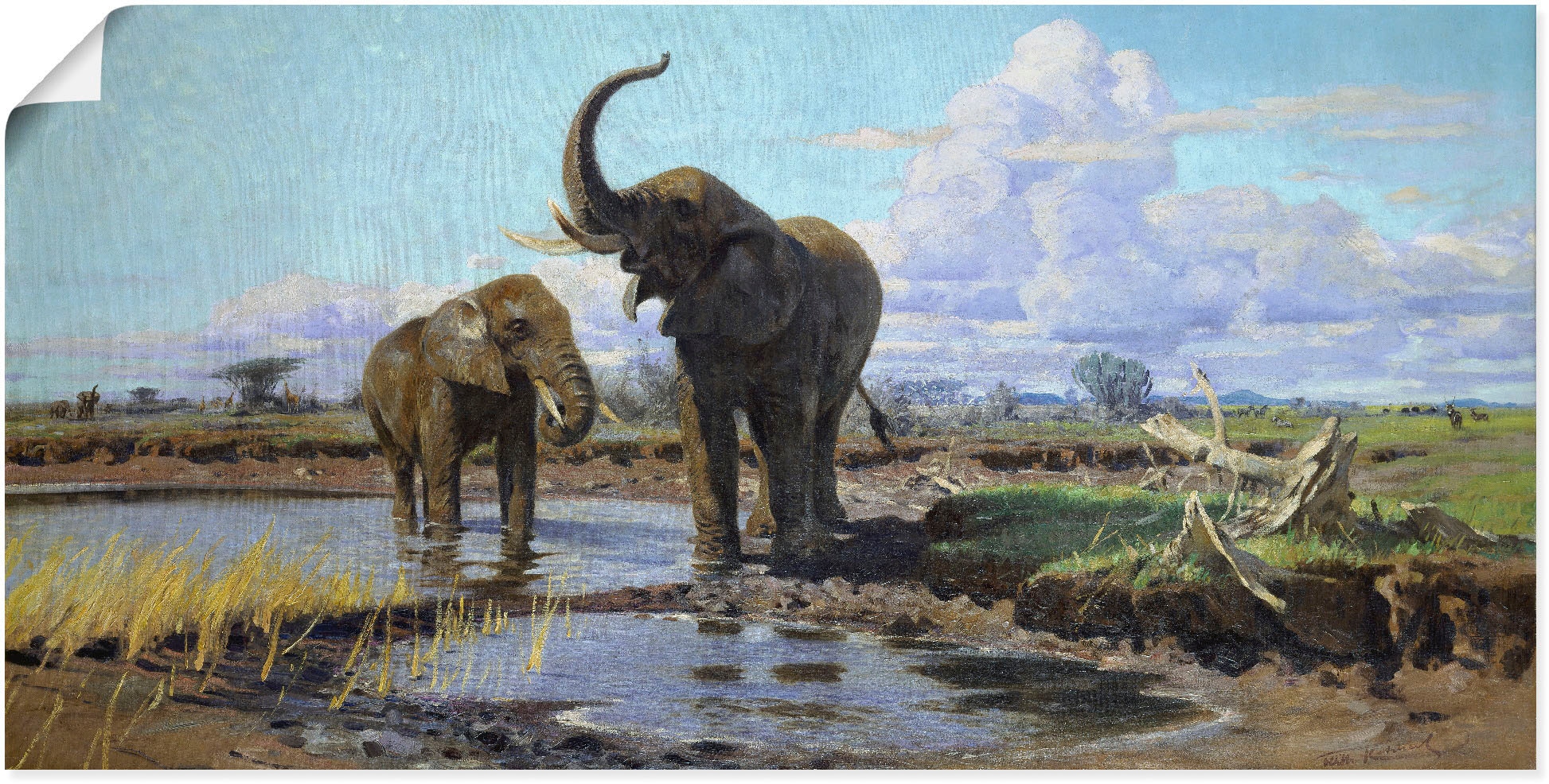 Artland Kunstdruck »Elefanten an der Wasserstelle.«, Wildtiere, (1 St.), als Alubild, Leinwandbild, Wandaufkleber oder Poster in versch. Größen