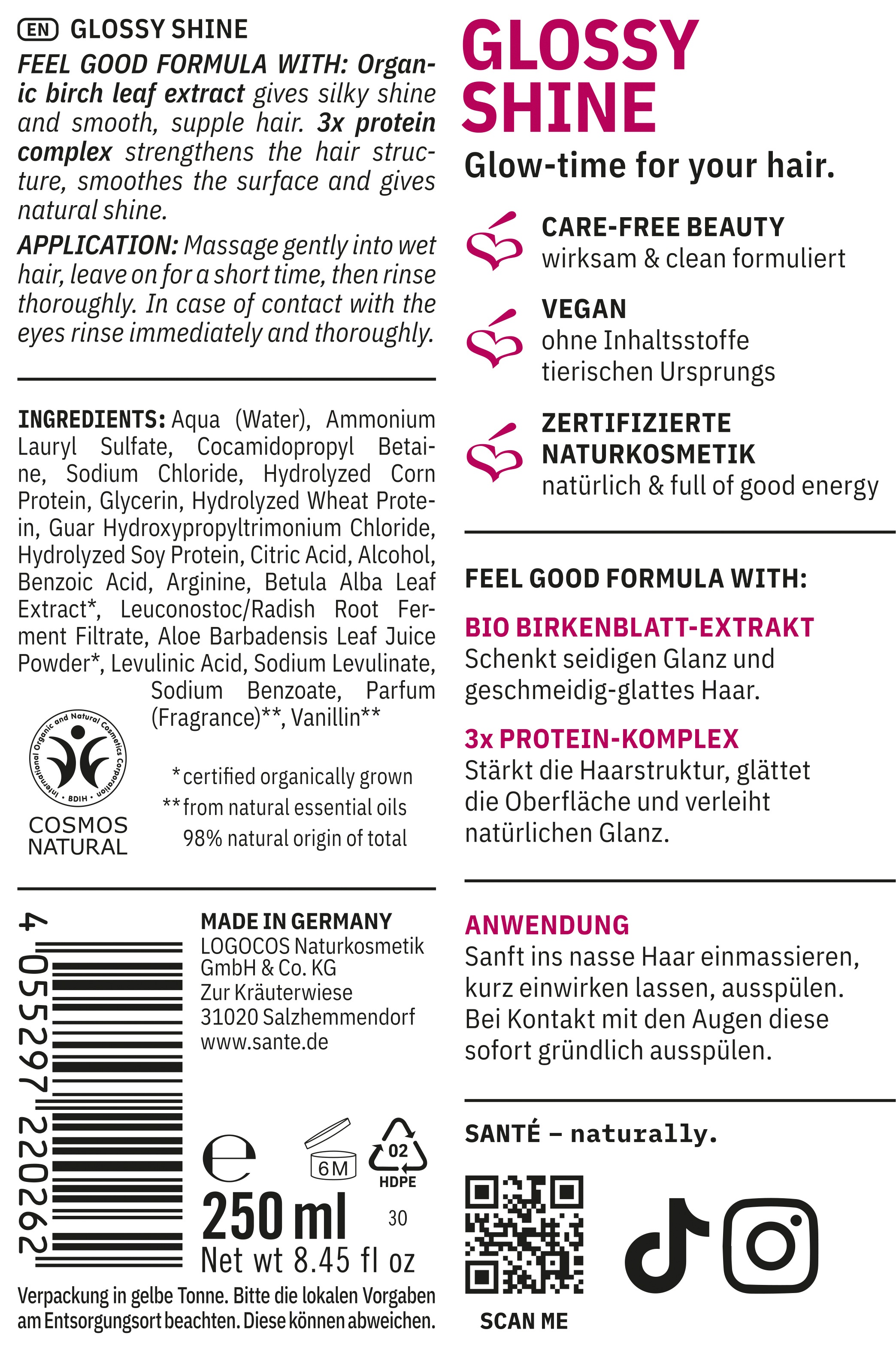 SANTE Haarshampoo »Glossy Shine Shampoo Birke +3-fach Protein Komplex« für glanzloses Haar, mit Birkenblattextrakt, vegan formuliert