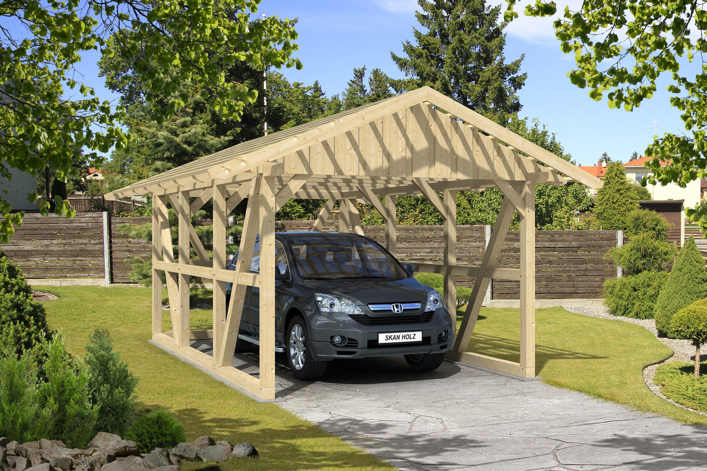 Skanholz Einzelcarport »Schwarzwald«, KVH-Fichte, 300 cm, Natur, mit Rückwand, mit Dachlattung