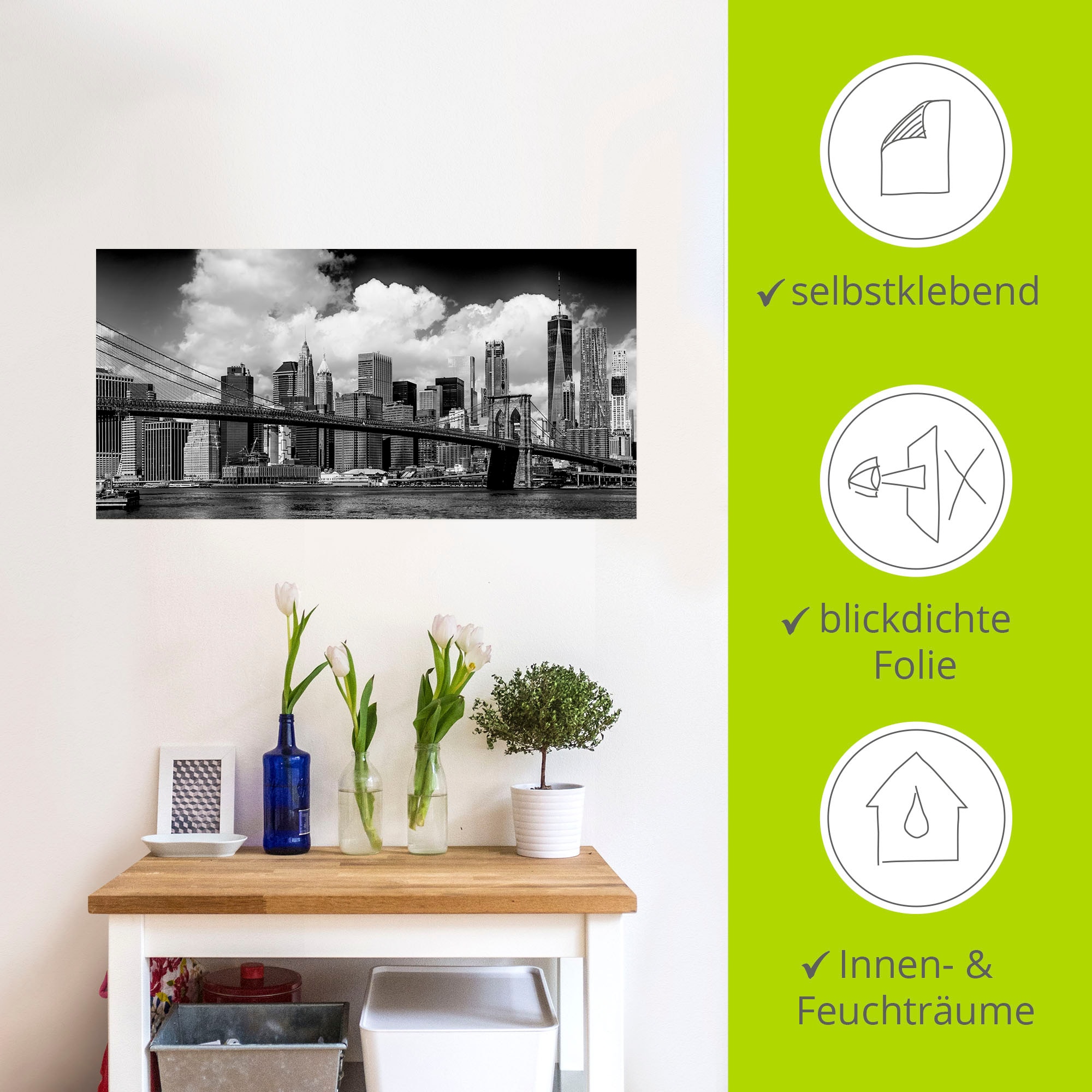 Artland Wandbild »Manhattan Skyline, Brooklyn Bridge«, New York, (1 St.), als Alubild, Outdoorbild, Leinwandbild, Wandaufkleber, versch. Größen