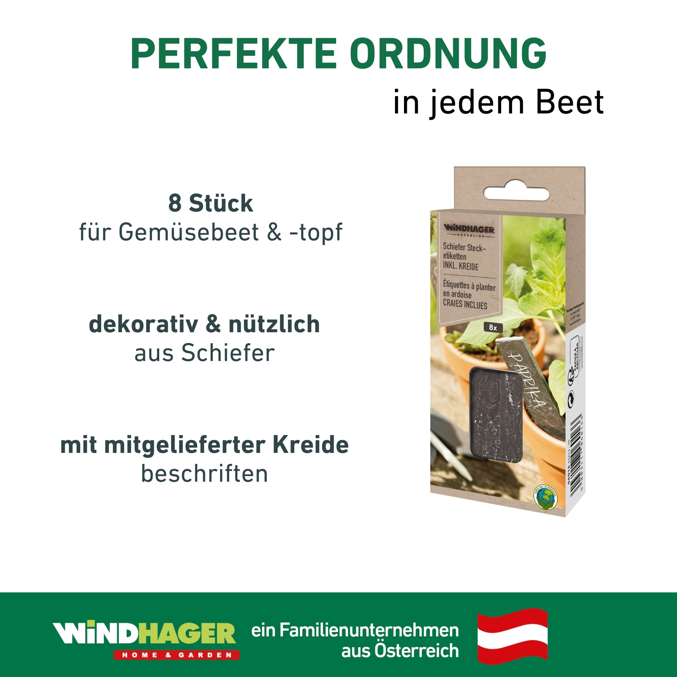 Windhager Gartenstecker »Pflanzenstecker aus Schieferschilder, Stecketiketten und Gartendeko« ideal für Beschriftung im Gemüse und Kräuterbeet, 8 Stück + 1 Kreide