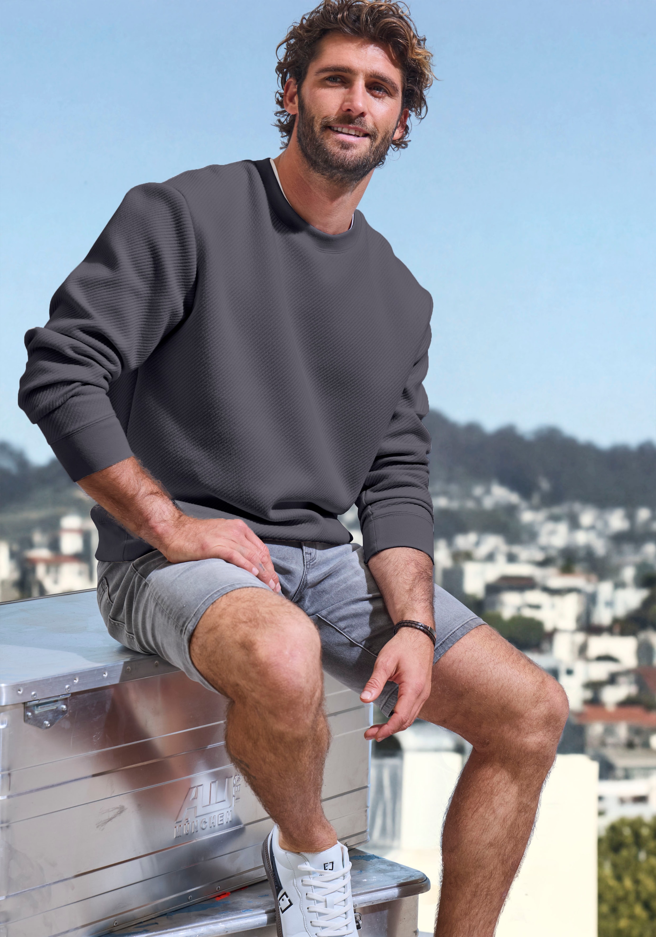 John Devin Sweatshirt, Langarm, Pullover mit Struktur, Rundhals, Baumwollmischung