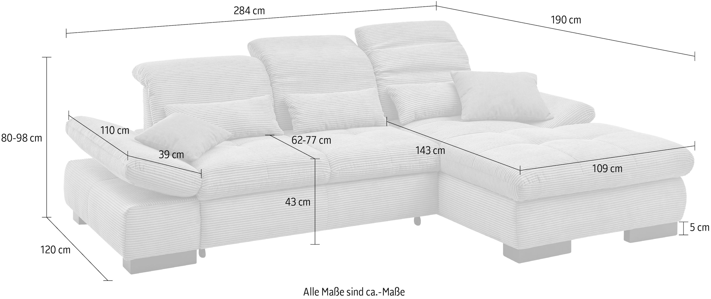 set one by Musterring Ecksofa »SO4100 V«, mit verstellbaren Kopfteilen, wahlweise mit Funktionen, Cord-Bezug
