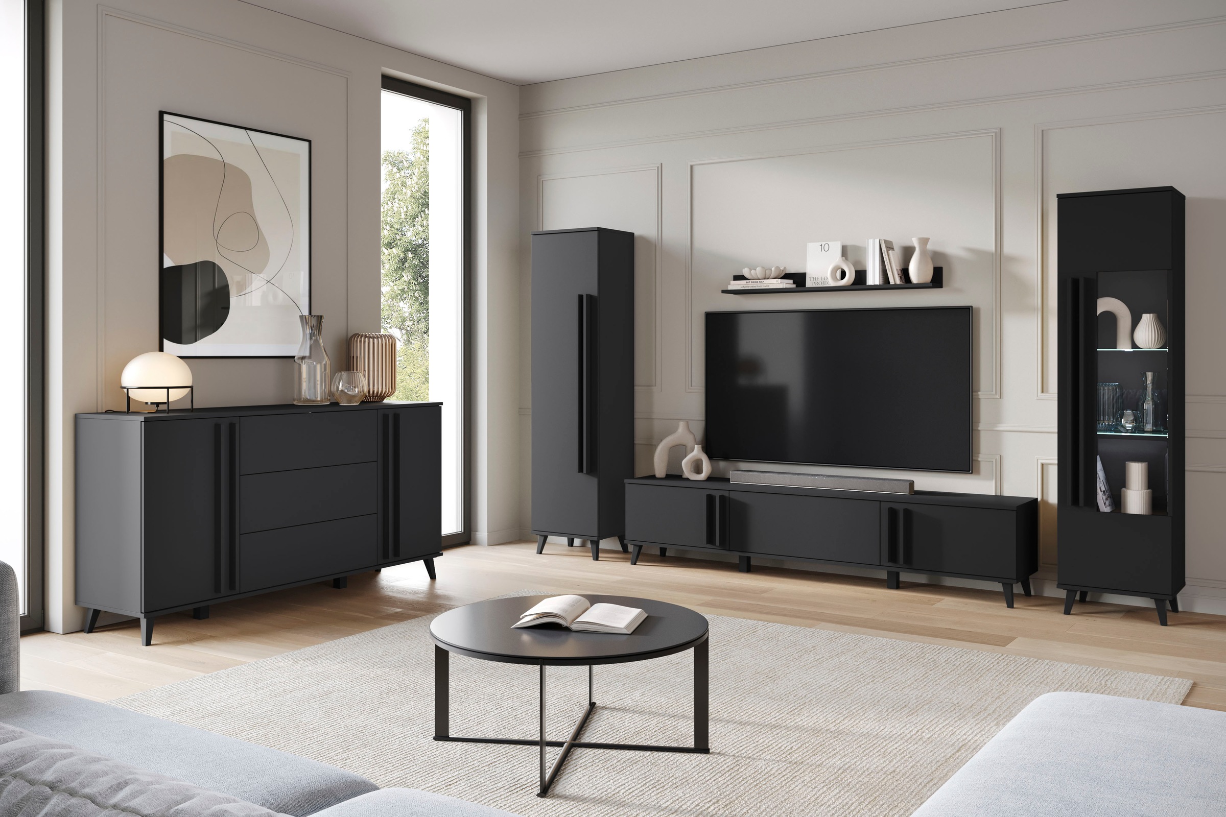 INOSIGN Wohnwand »Helsinki, Modernes Set mit verglaster Vitrine«, (Komplett-Set, 4 St.), mit lamellengriffen, verstellbaren Einlegeböden und Kunststofffüßen