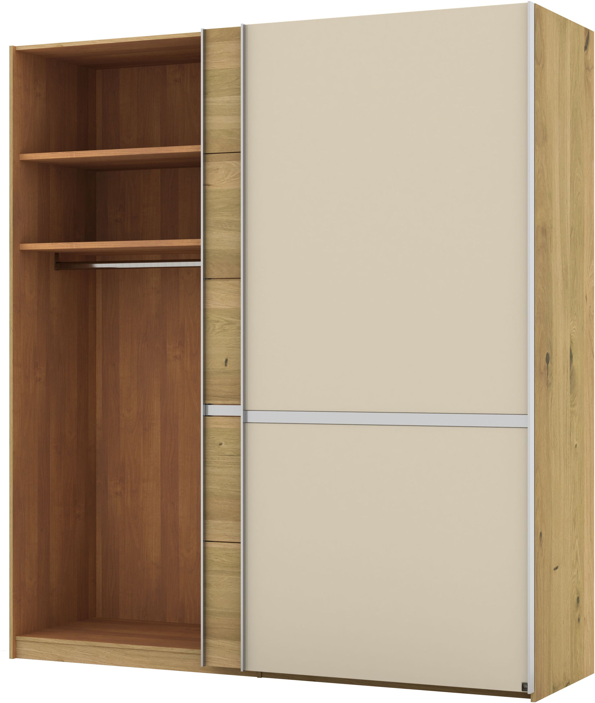 Musterring Schwebetürenschrank »Savona, Kleiderschrank, Schrank, Garderobe, mit Schiebetüren« Teilmassiv Bianco-Eiche, mit Spiegel oder Glas, MADE IN GERMANY,  Türen Bianco-Eiche massiv, Spiegel-/Glastüren, eingelegte Chromleiste