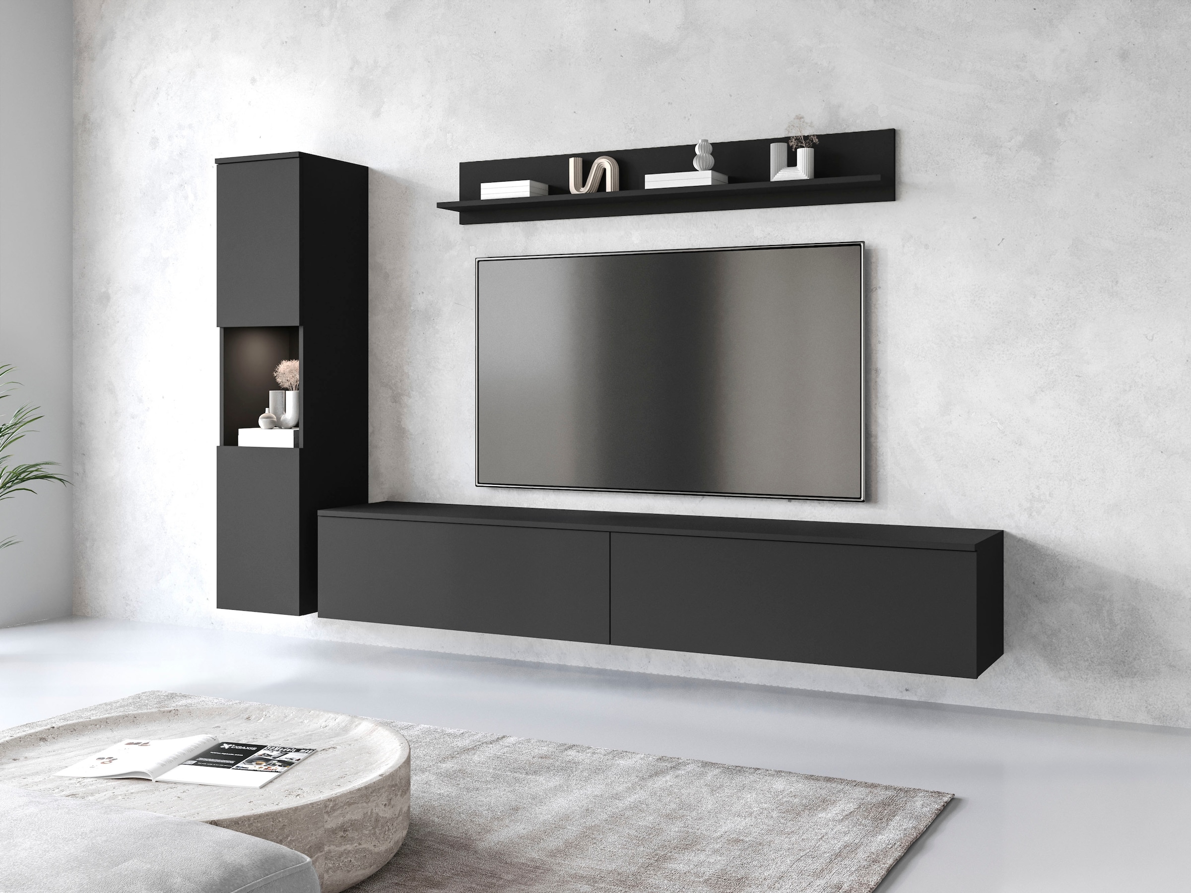 INOSIGN Wohnwand »PARIS«, (Komplett-Set, 3 St.), TV-Wand 220cm breite, grifflose Design, stehend und hängend montierbar