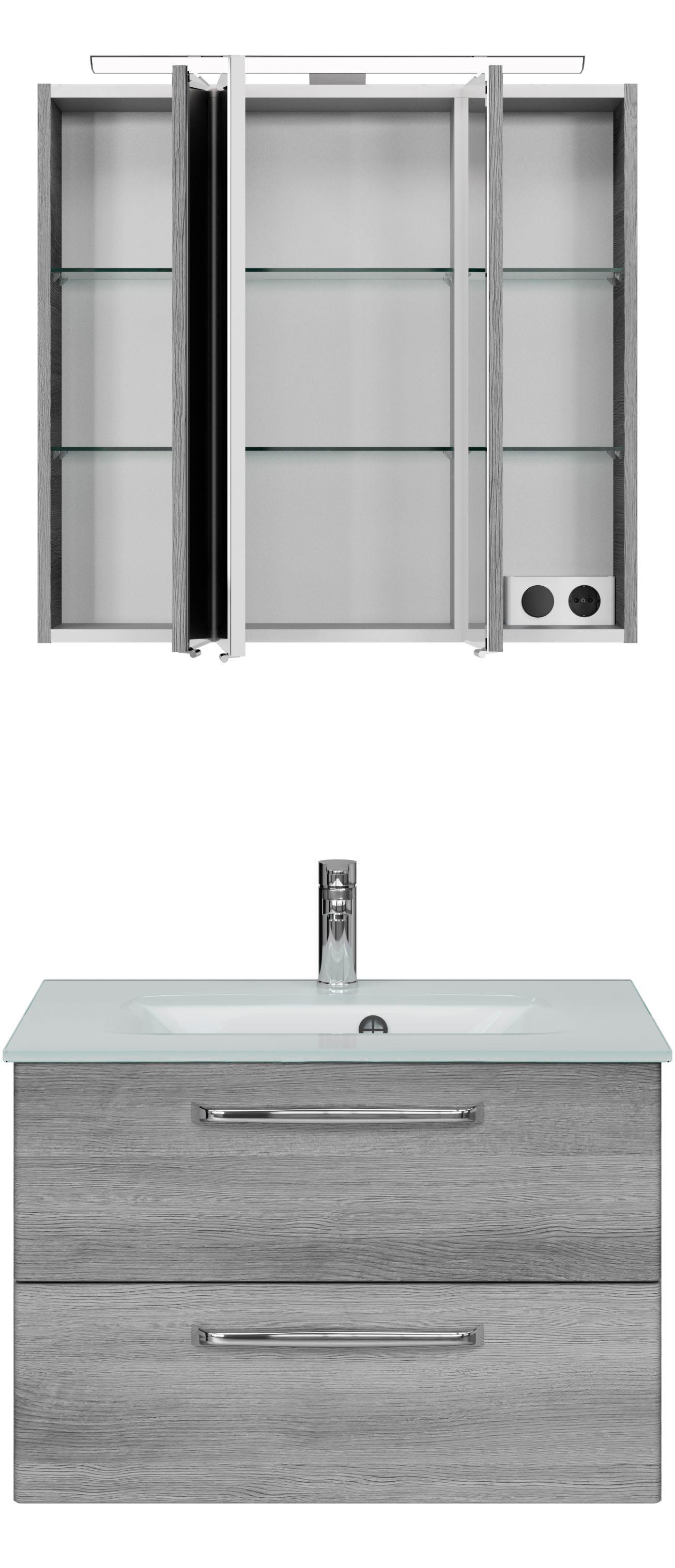 Saphir Badmöbel-Set »Trentino 2-teilig Glas-Waschtisch, Spiegelschrank mit LED-Leuchte«, (3 St.), Badmöbel-Set 77cm breit, inkl. Türdämpfer, 3 Türen, 2 Auszügen