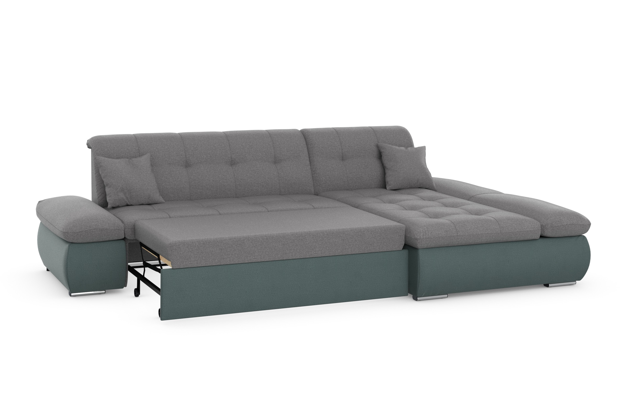 DOMO collection Ecksofa »Moric, L-Form, XXL-Sofa - Breite 300cm«, wahlweise mit Bettfunktion und Armteilverstellung, eiblau-grau
