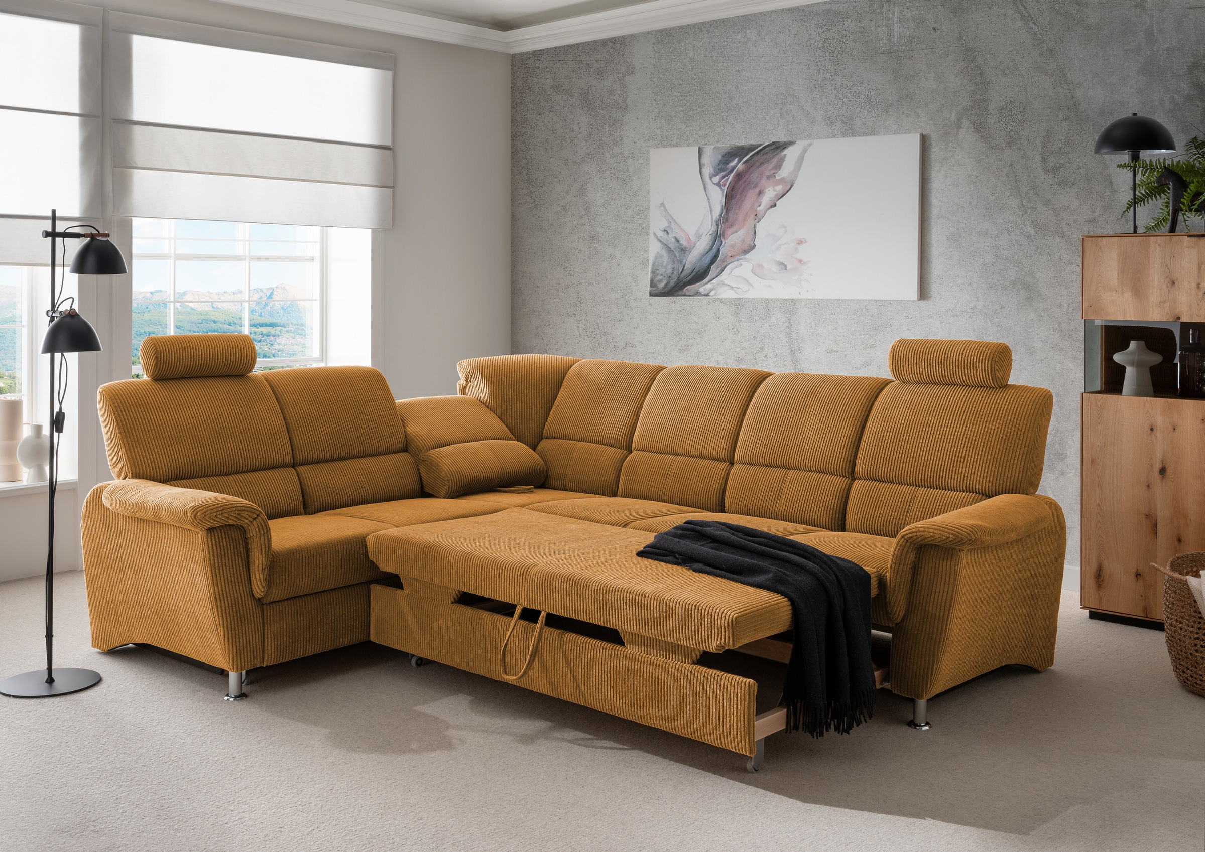 Home affaire Ecksofa »Pisa L-Form, mit Schlaffunktion, Stauraum, 2x höhenverstellbare«, Kopfstützen und Relaxfunktion im Eckelement