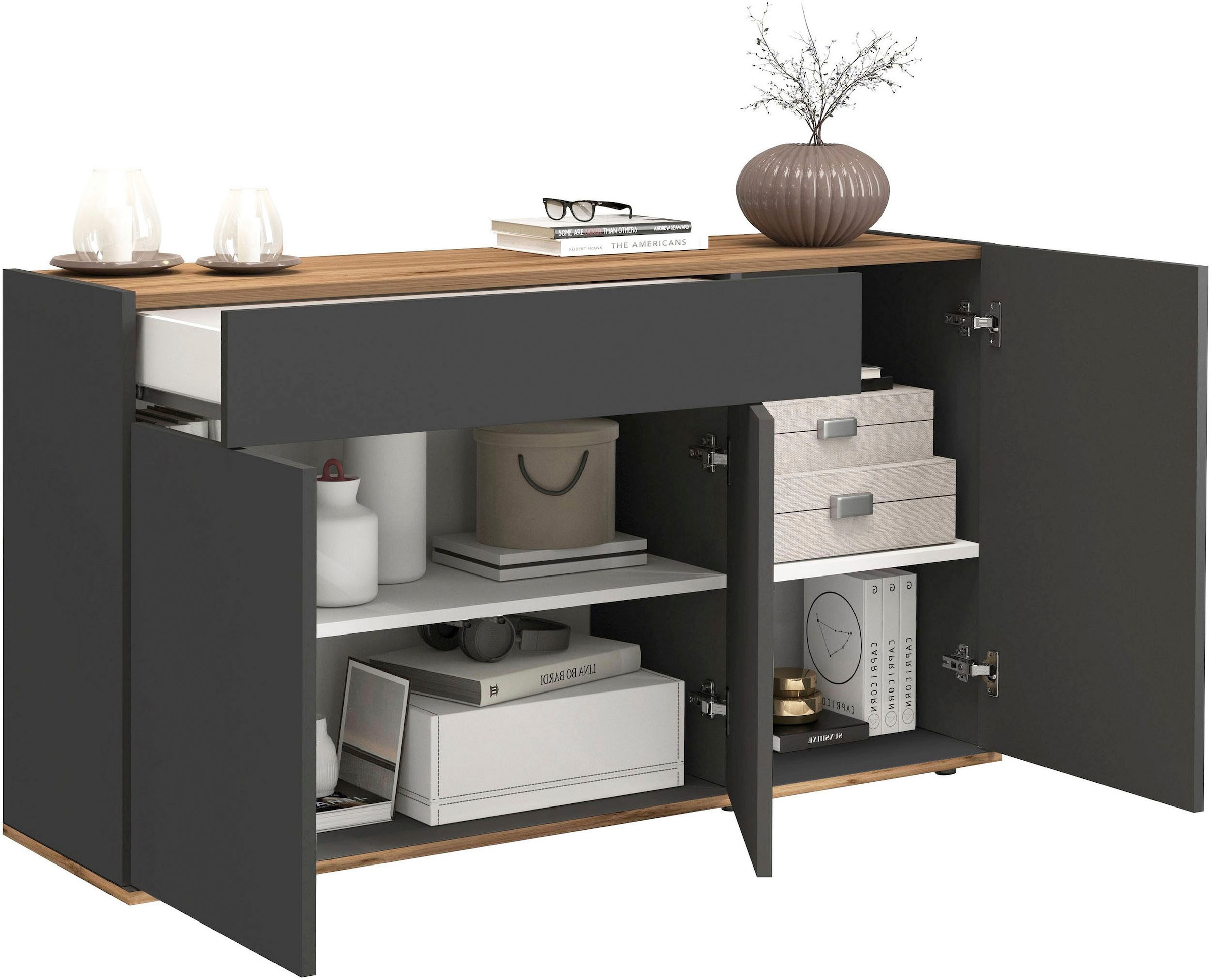 OTTO home Sideboard »Garda, Kommode, Schrank, 3 Türen, 1 Schublade, Made in Italy« 3 Türen, 1 Schublade, grifflos Breite 120,1 cm, anthrazit/eiche matt