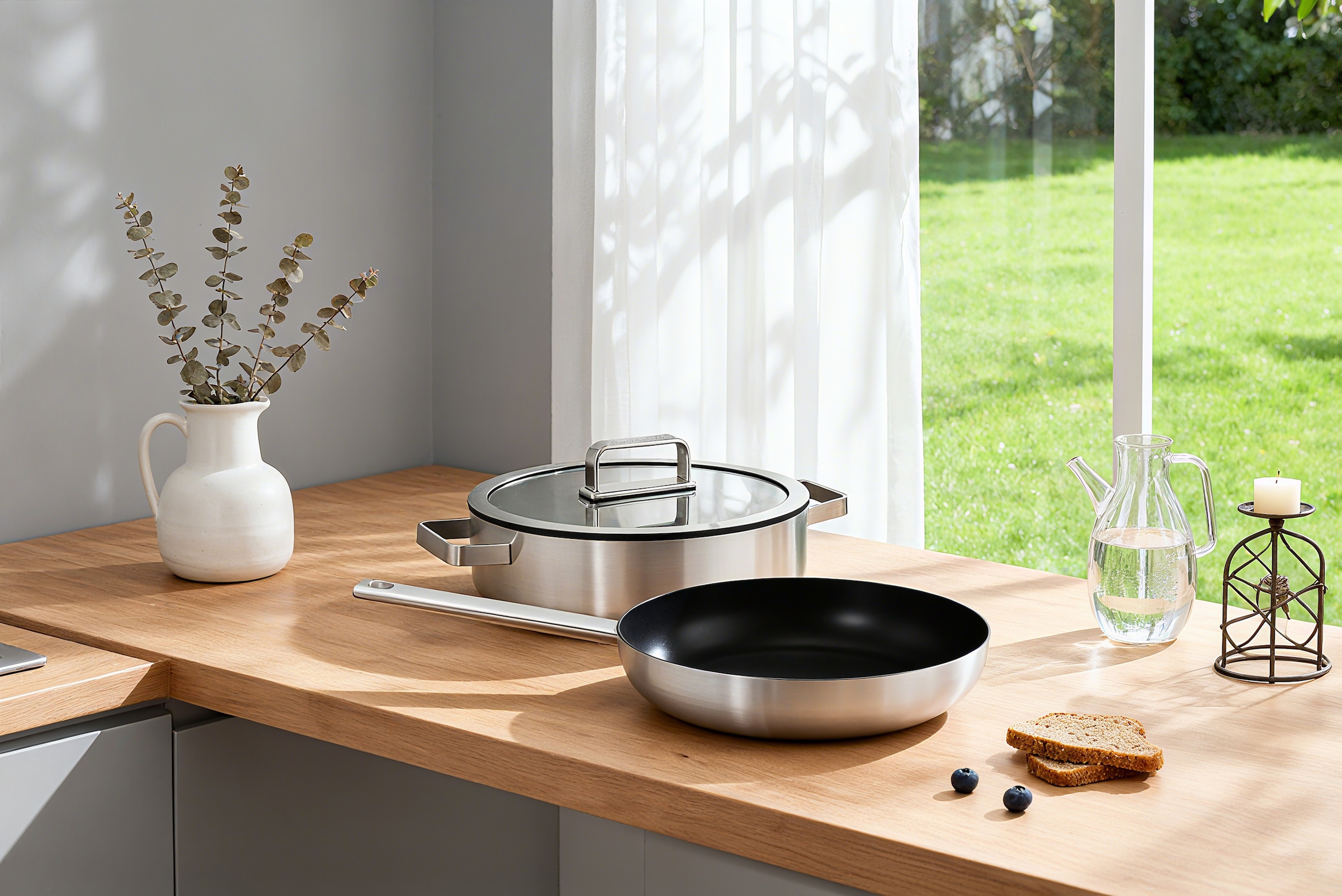 Hanseatic Pfannen-Set »PREMIUM« Edelstahl Set, 1x Pfanne 24 cm, 1x Servierpfanne 28 cm mit Deckel, 3 Stk. tlg. mit Antihaftbeschichtung, für alle Herdarten, Induktion