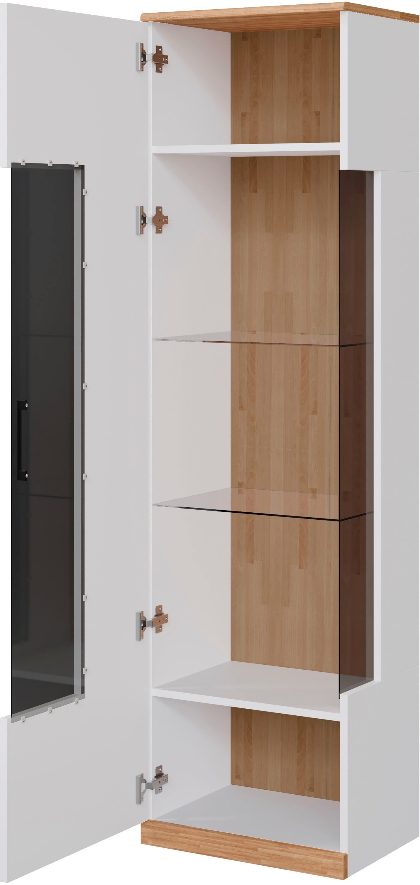 Home affaire Vitrine »Ribe,180cm hoch,5 Fächer,2 Glasböden variabel einsetzbar«, Oberplatte Eiche massiv,dunkles Glas, schwarze Metall Griffe
