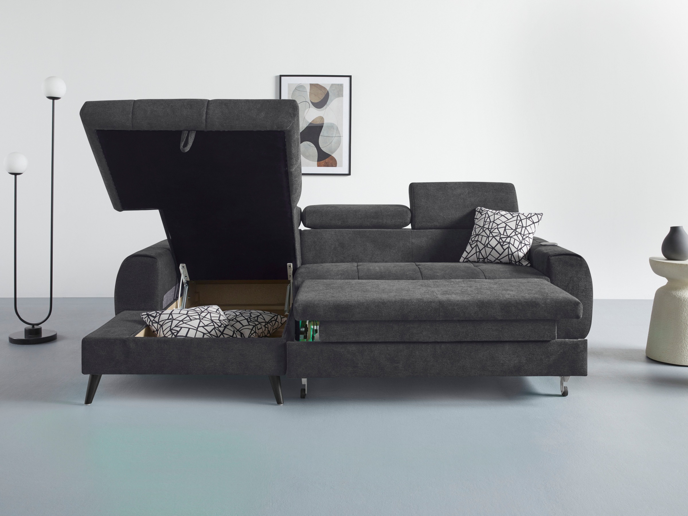 COTTA Ecksofa »Mia L-Form mit 3 Zierkissen«, wahlweise mit Bettfunktion, Bettkasten, Beleuchtung & Wireless-Charger