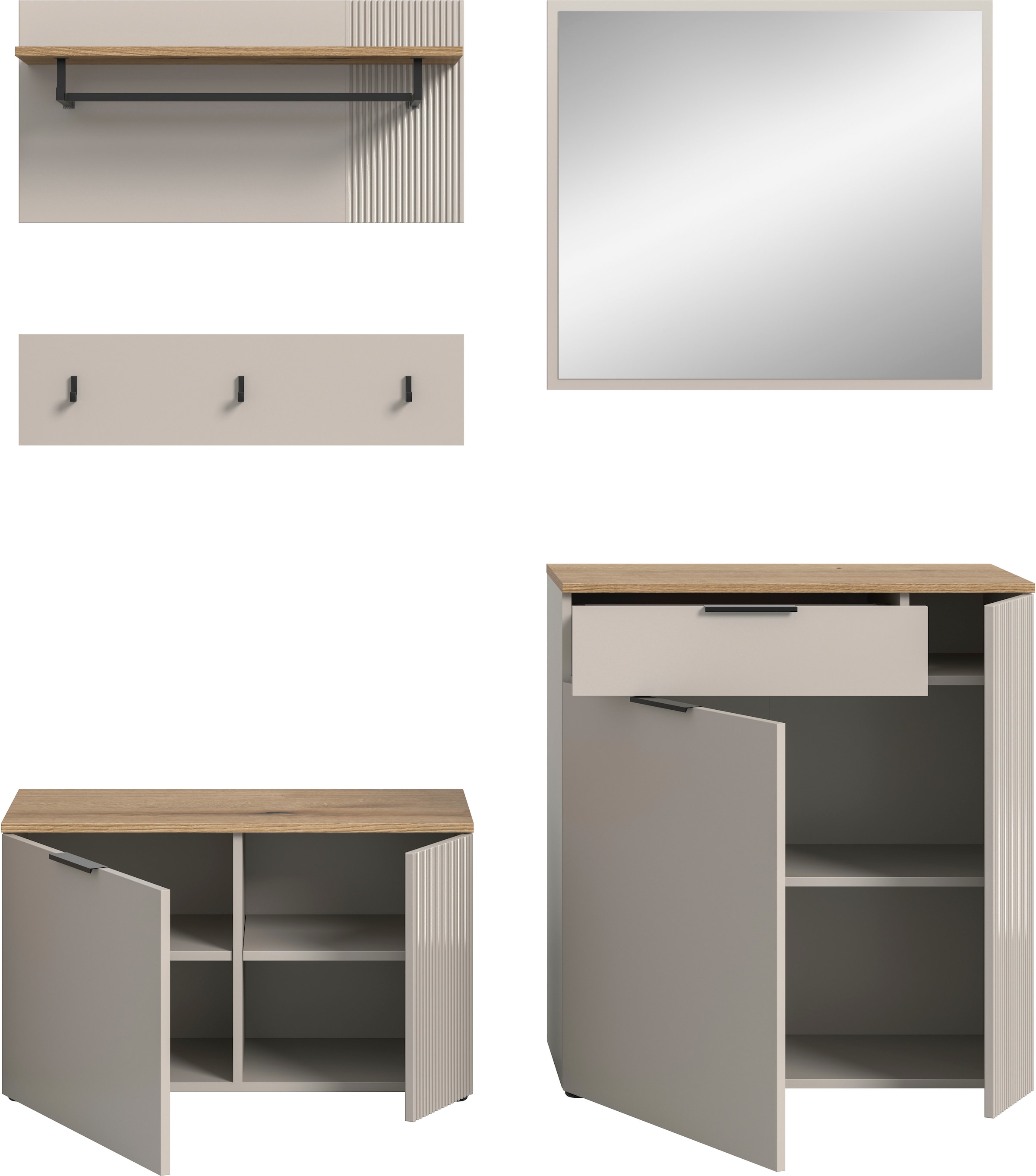 INOSIGN Garderoben-Set »EDIL, Breite 175 cm, 5-teilig, Front mit hochwertiger Längstfräsung« Set, best. aus: Sitzbank, Paneel, Hakenleiste, Kommode & Spiegel, 4 Stk. tlg.