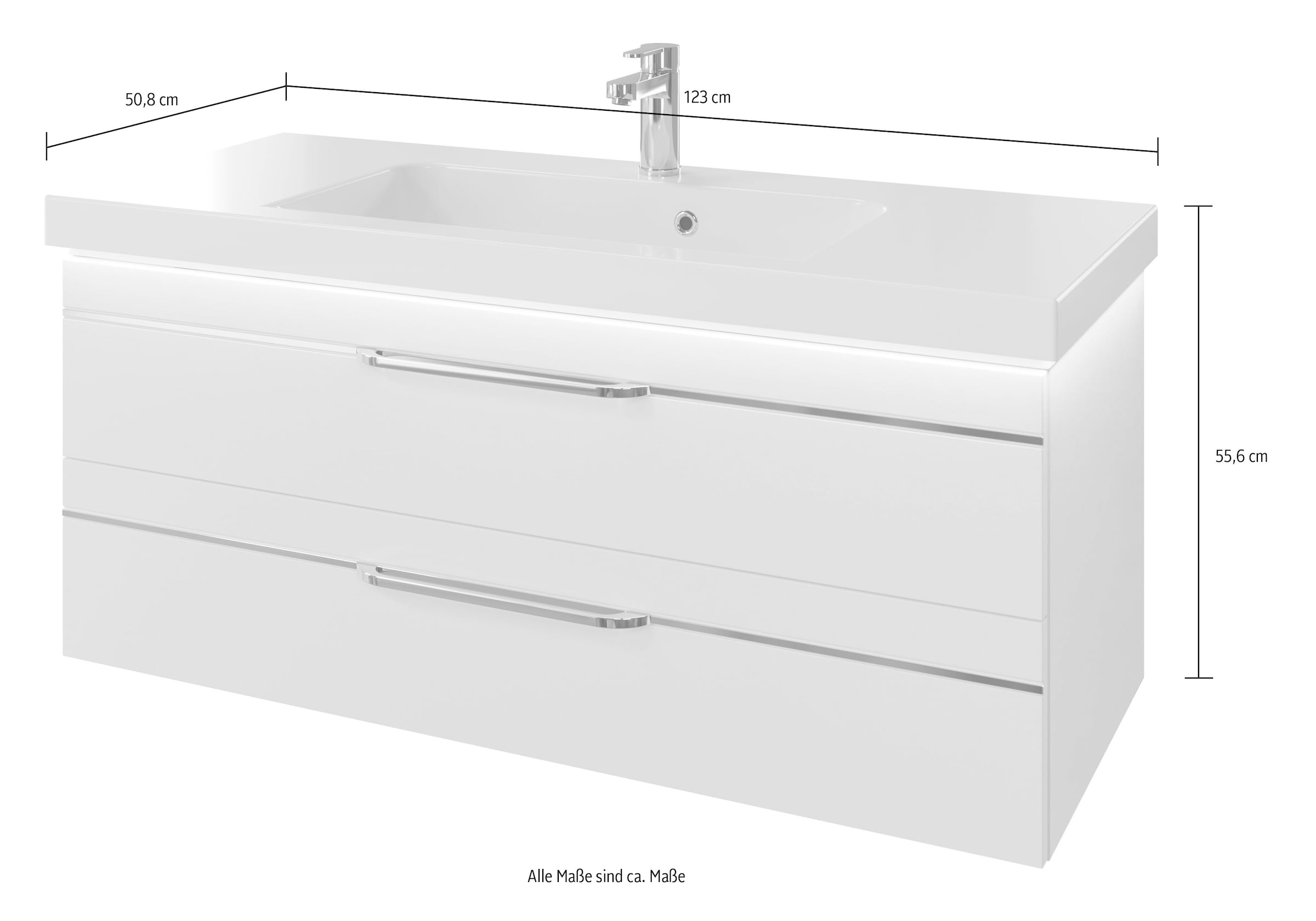 Saphir Badmöbel-Set »Balto 2-teilig Mineralmarmor-Waschtisch mit LED-Spiegel, 123 cm breit«, (2 St.), Waschplatz mit 2 Schubladen, Badschrank inkl. Schubladendämpfer