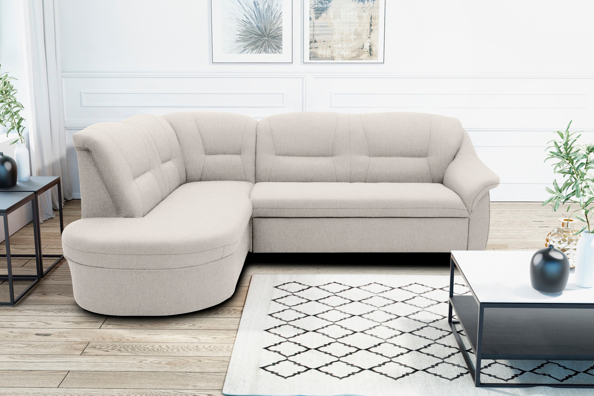 DOMO collection Ecksofa »Faenza für kleine Räume, Stellmaße 232,176cm, komfortabel, L-Form«, mit Ottomane, zeitlos, elegante Armlehnen, wahlweise mit Bettfunktion