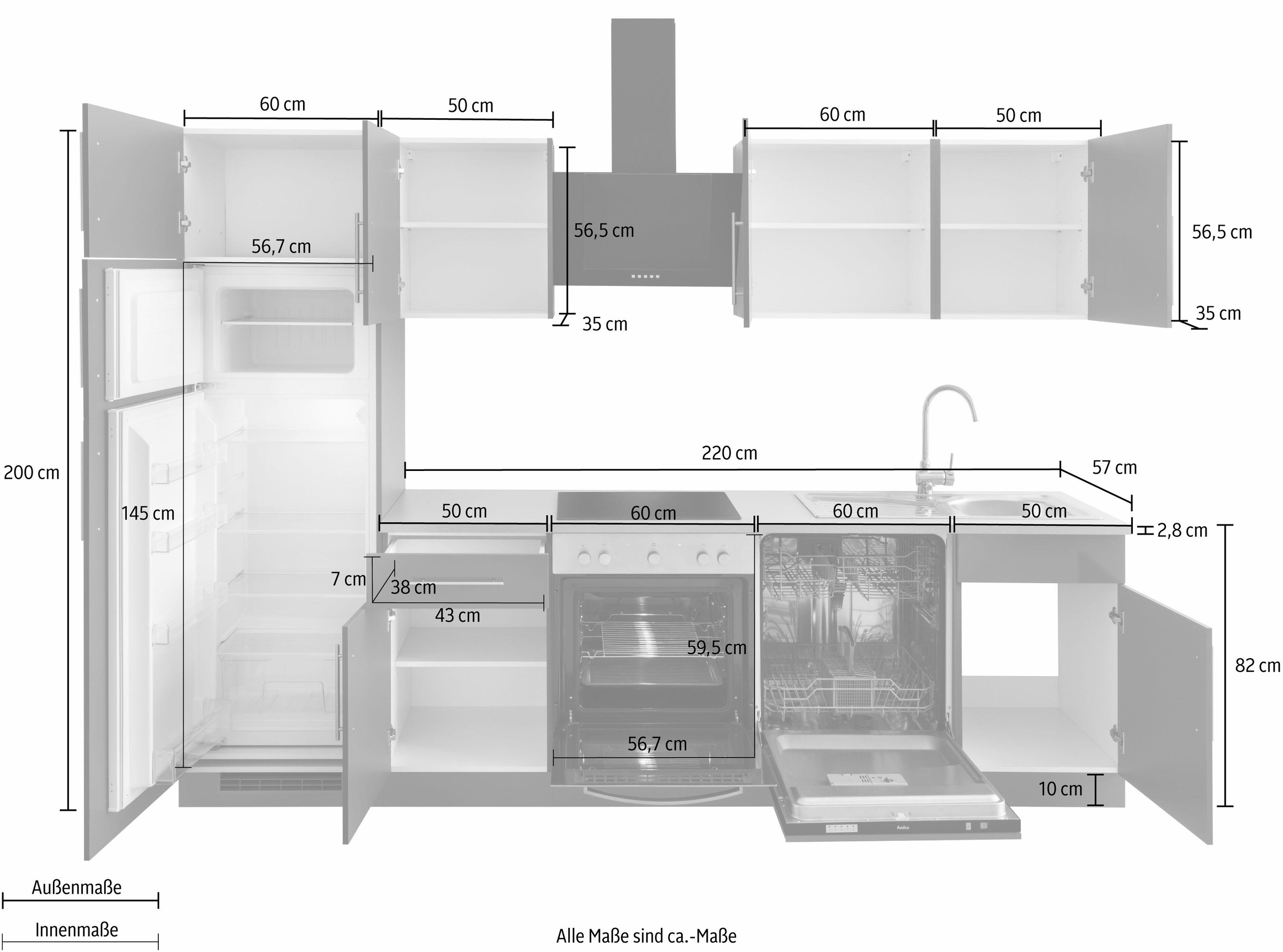 wiho Küchen Küchenzeile »Cali«, mit E-Geräten und Kühl-Gefrierkombination, Breite 280 cm