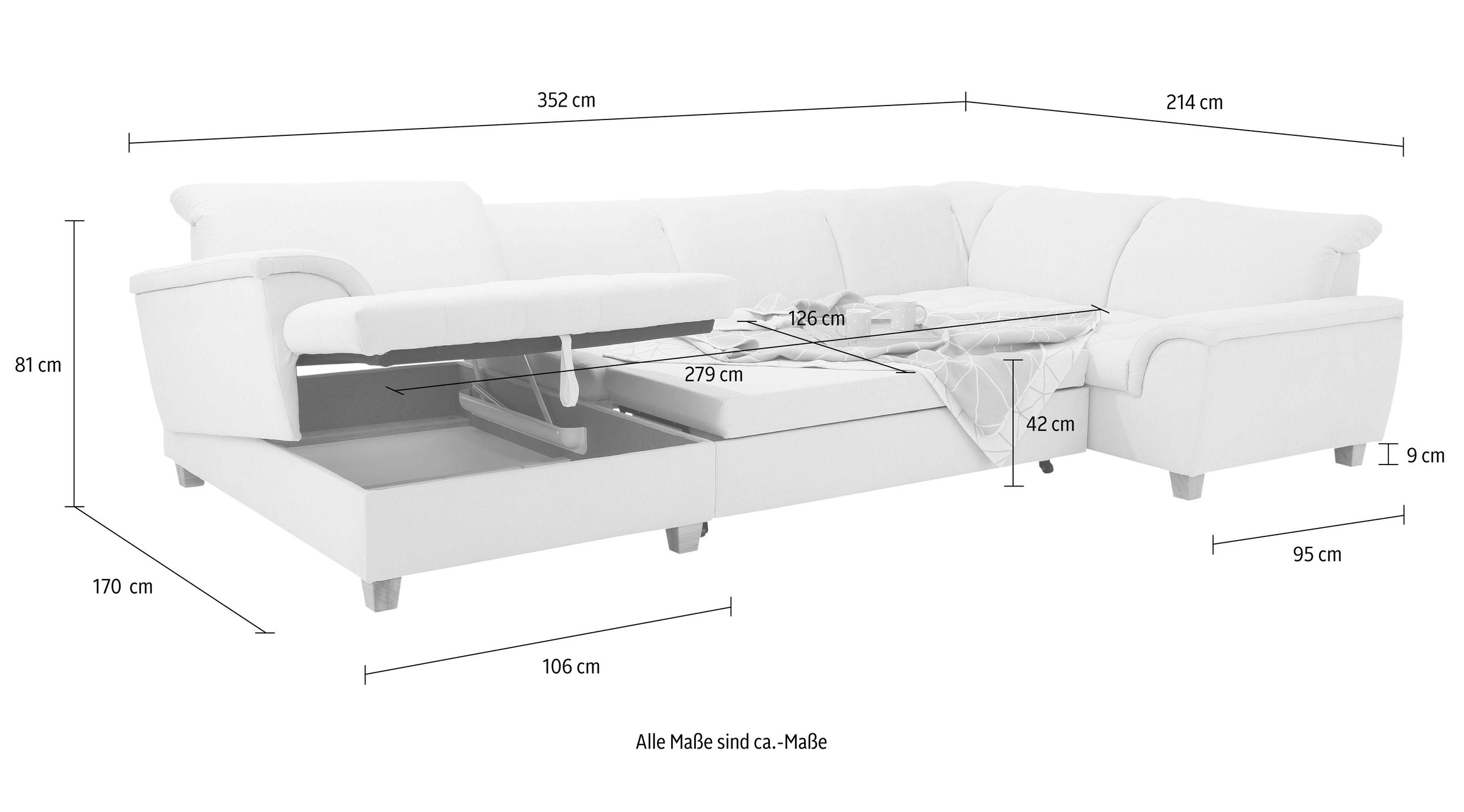 Home affaire Wohnlandschaft »Lyla U-Form«, wahlweise mit Rückenfunktion und zusätzlich mit Bett + Bettkasten